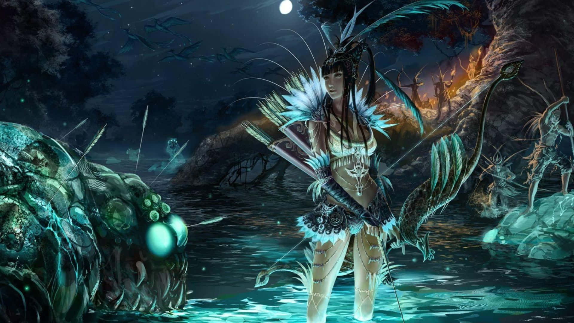 3d Fantasy 桌布 壁紙 — 一位身穿羽毛盔甲的奇幻戰士站在滿月下的發光水中，而骷髏身影和一個巨型生物潛伏在附近。