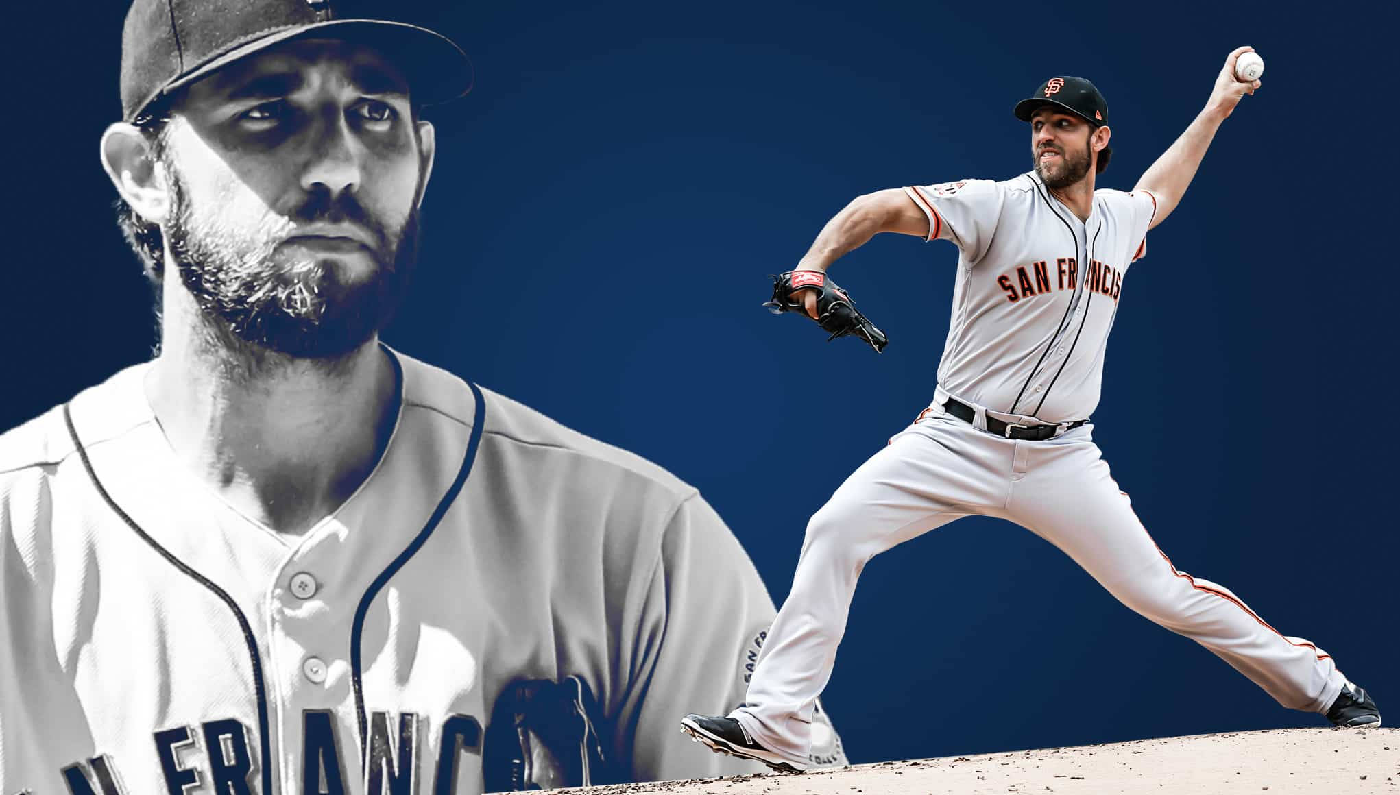 madison bumgarner 桌布 壁紙 — 一位身穿舊金山球衣的棒球投手正在投球，並帶有戲劇性的黑白肖像重疊效果。