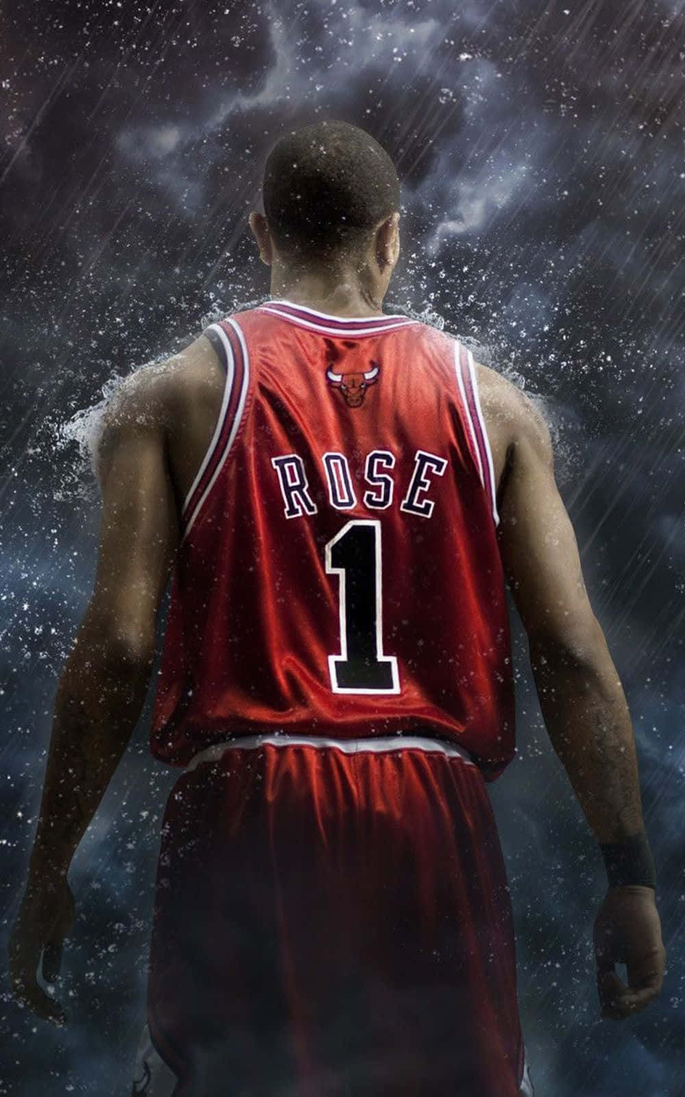 NBA 桌布 壁紙 — 一位身穿芝加哥公牛隊紅色球衣的籃球運動員背向觀眾，在黑暗暴風雨的天空下站立，雨水落下。