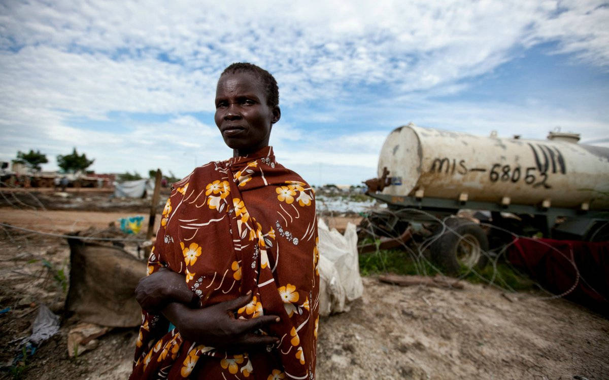 Sudan 桌布 壁紙 — 一位身穿花卉圖案棕色連衣裙的女性，在陰天之下，身後有一輛水車，莊嚴地站在塵土飛揚的定居點中。