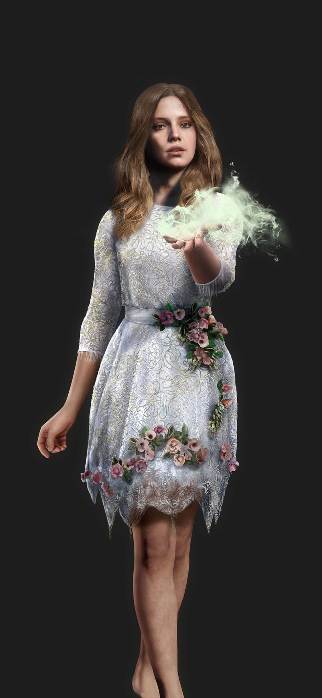 iPhone Xs Far Cry 5 桌布 壁紙 — 一位身穿花卉蕾絲裙的年輕女子，在黑暗背景下手中握著發光的薄霧。