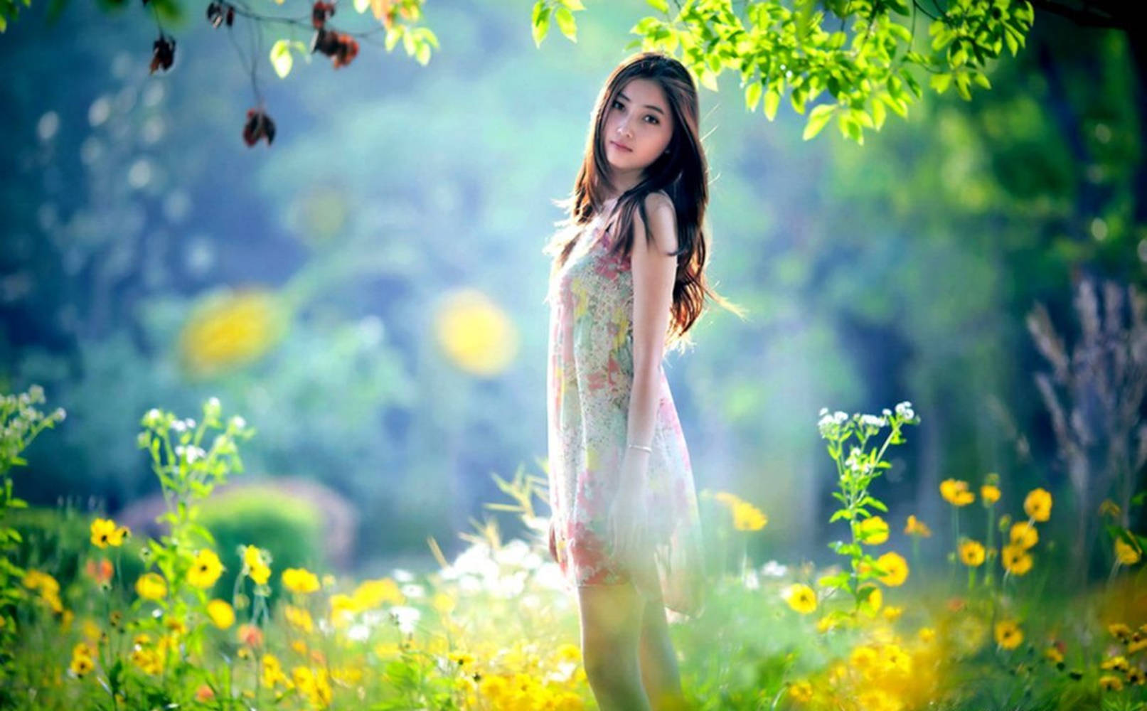 美女 桌布 壁紙 — 一位身穿花卉連衣裙的年輕女子優雅地站在陽光普照的黃色花朵中，上方是綠葉組成的樹冠。