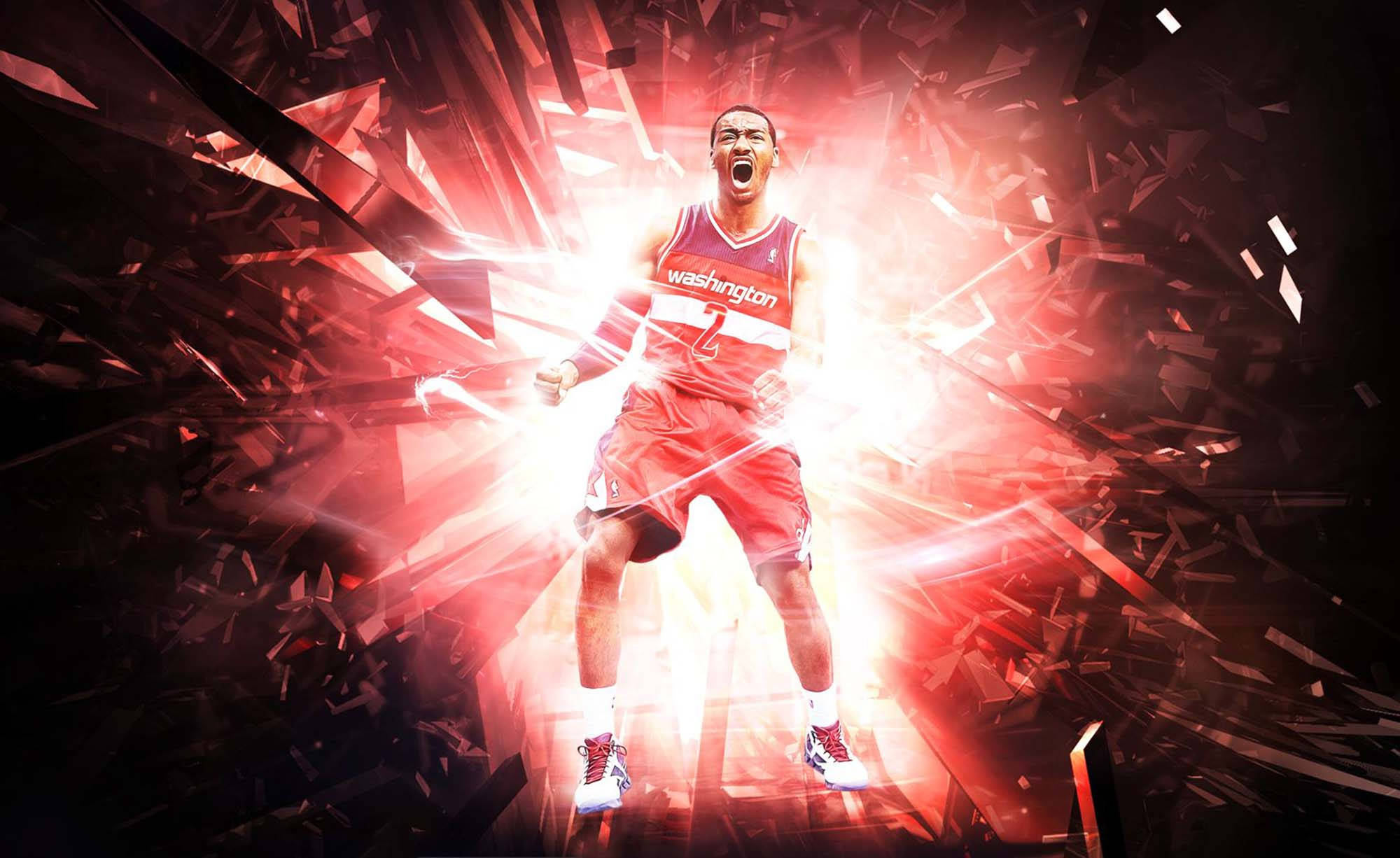 John Wall 桌布 壁紙 — 一位身穿華盛頓球衣的籃球運動員在紅色光芒爆發和玻璃碎片中充滿能量地咆哮。