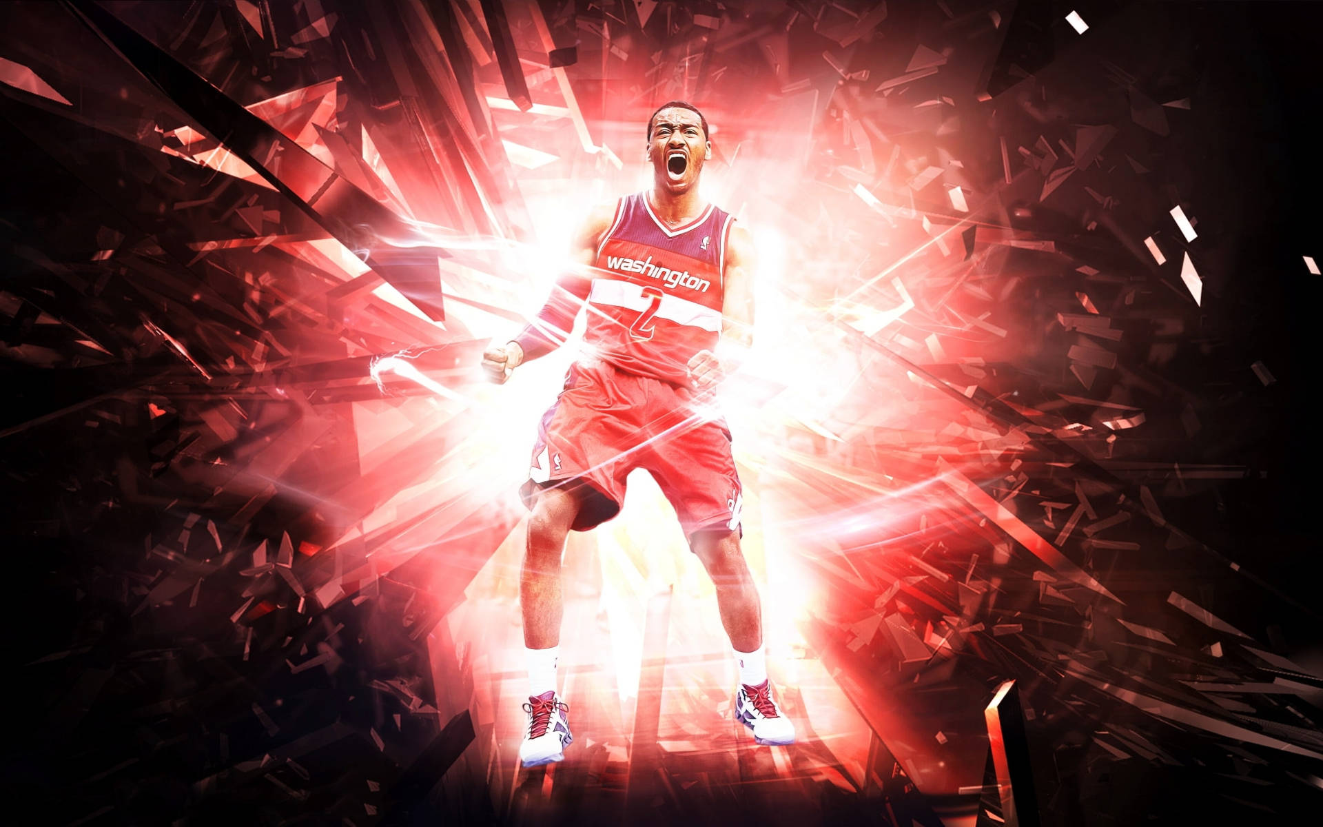 Wizards 桌布 壁紙 — 一位身穿華盛頓球衣的籃球運動員爆發出能量，紅色光芒四射，玻璃碎片在他周圍爆炸。