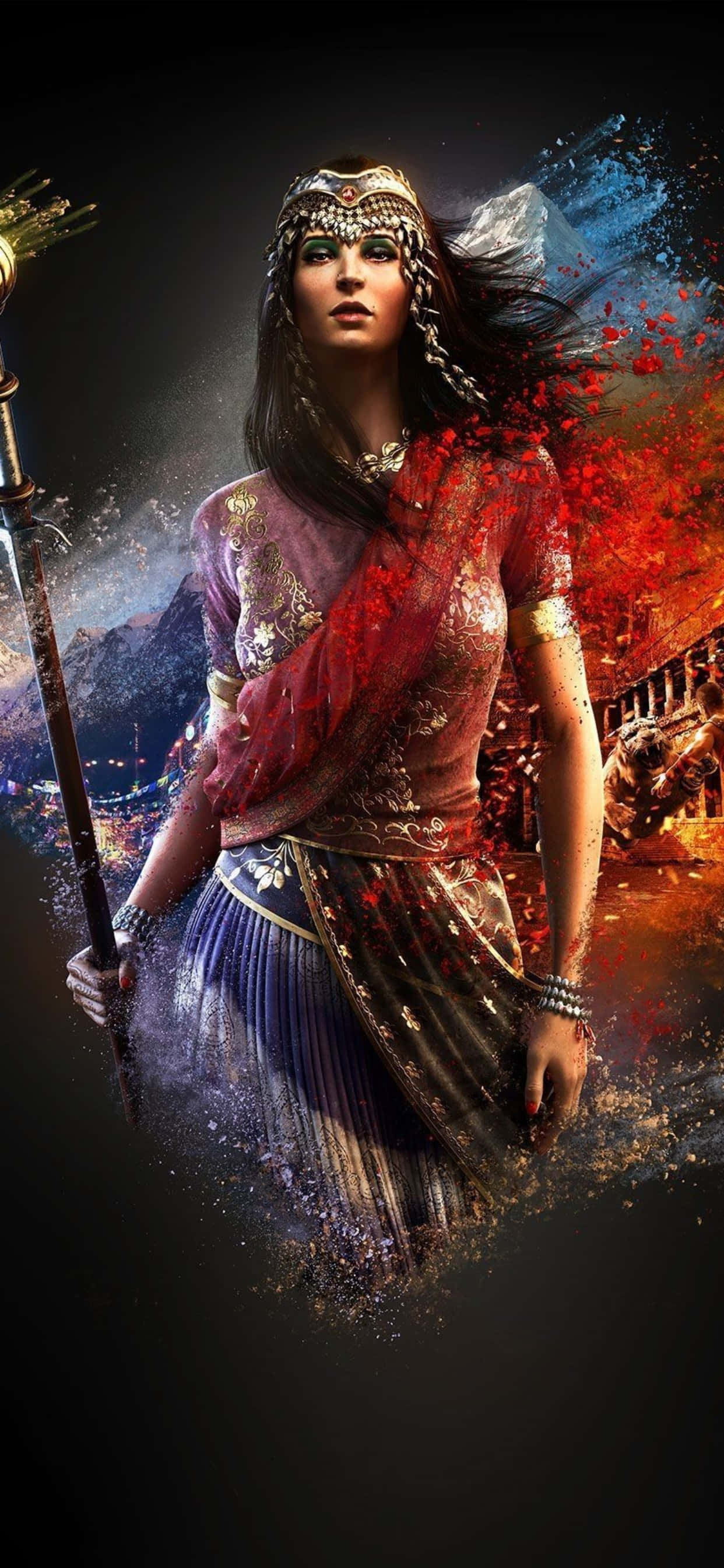 iPhone Xs Max Far Cry 4 桌布 壁紙 — 一位身穿華麗傳統服飾的女戰士，在黑暗背景下，於紅色和藍色能量的猛烈爆炸中揮舞著法杖。
