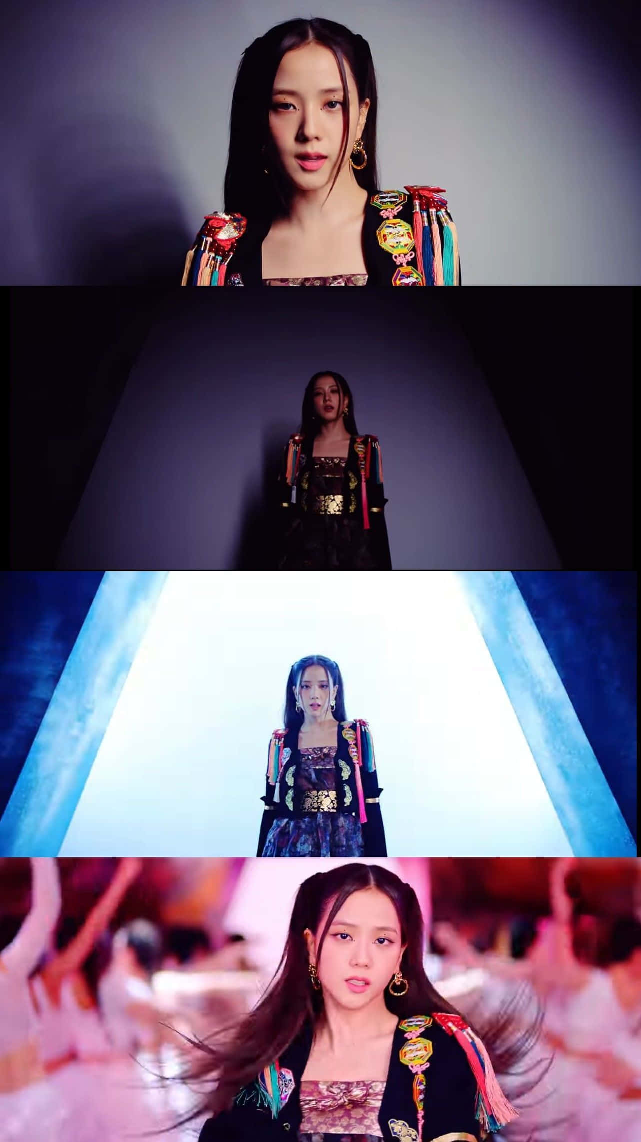 BLACKPINK 桌布 壁紙 — 一位身穿華麗刺繡服裝的女性站在黑暗的走廊中，被明亮的藍光照亮，背景中有模糊的舞者。
