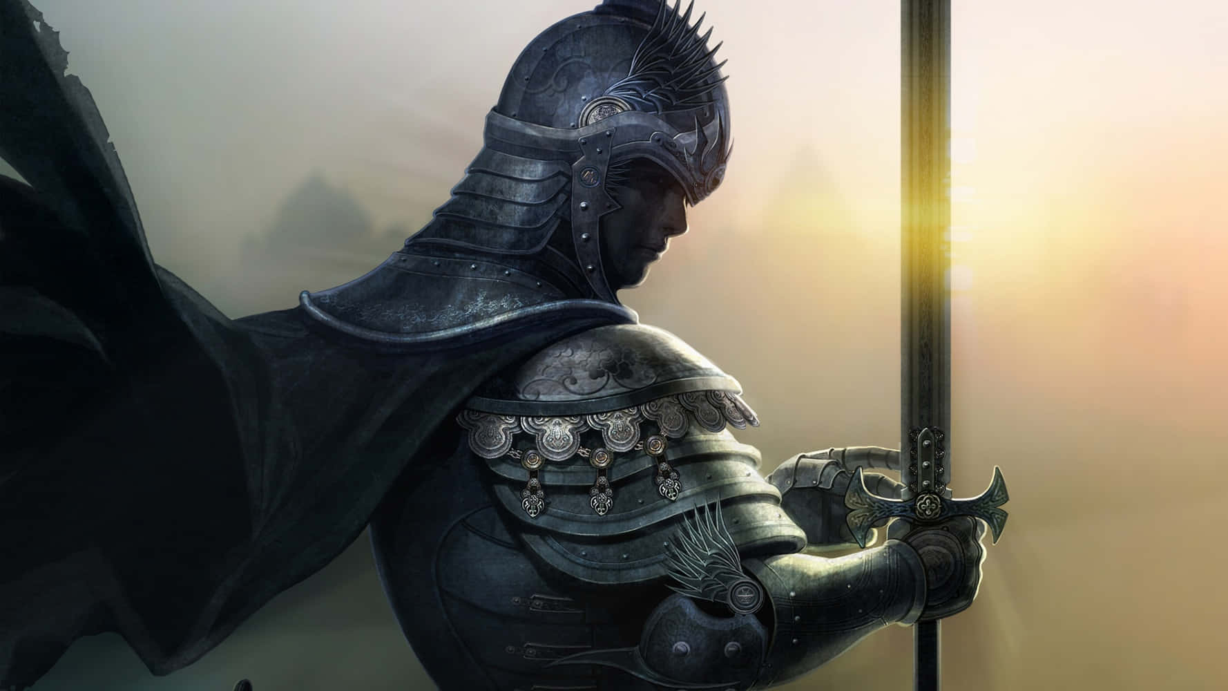 Warrior 桌布 壁紙 — 一位身穿華麗暗色盔甲的騎士側身站立，手持劍，身後閃耀著金色光芒。