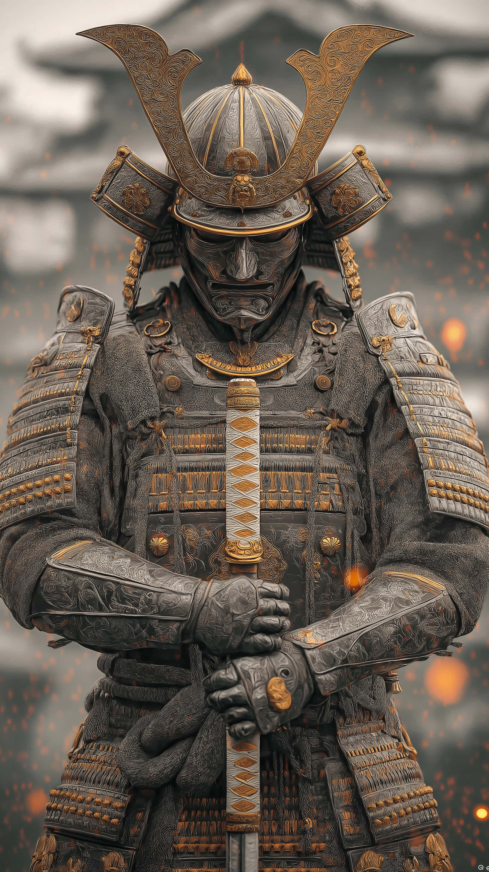 Warrior 桌布 壁紙 — 一位身穿華麗暗色鎧甲、飾有金色點綴的武士，莊嚴地手持武士刀，背景是模糊的傳統日本建築。