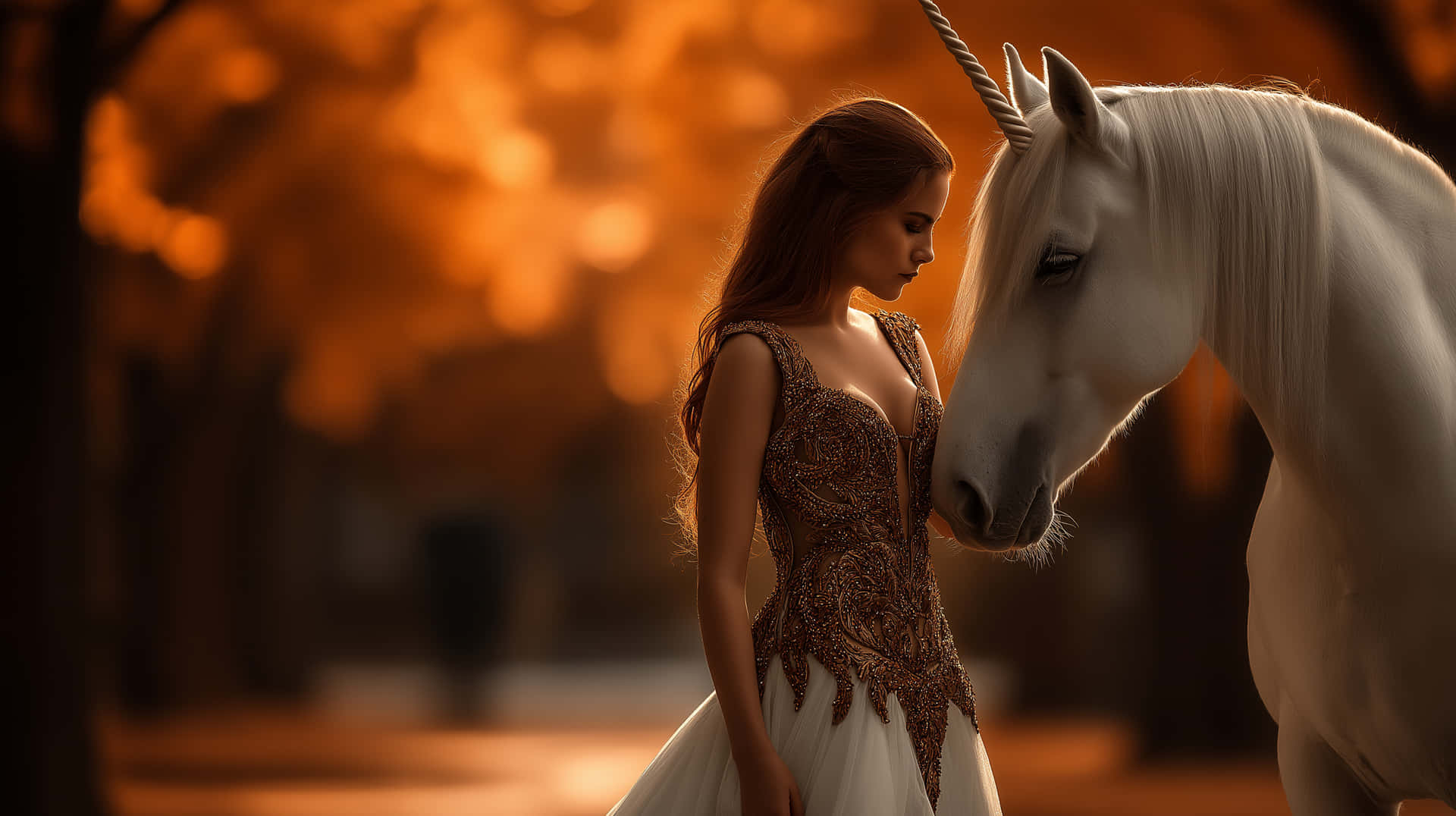 Enchanting Encounter: Woman and Unicorn in a Forest Setting 壁紙 — 一位身穿華麗棕色和白色長袍的女子站在金色秋林中，旁邊有一隻白色獨角獸。