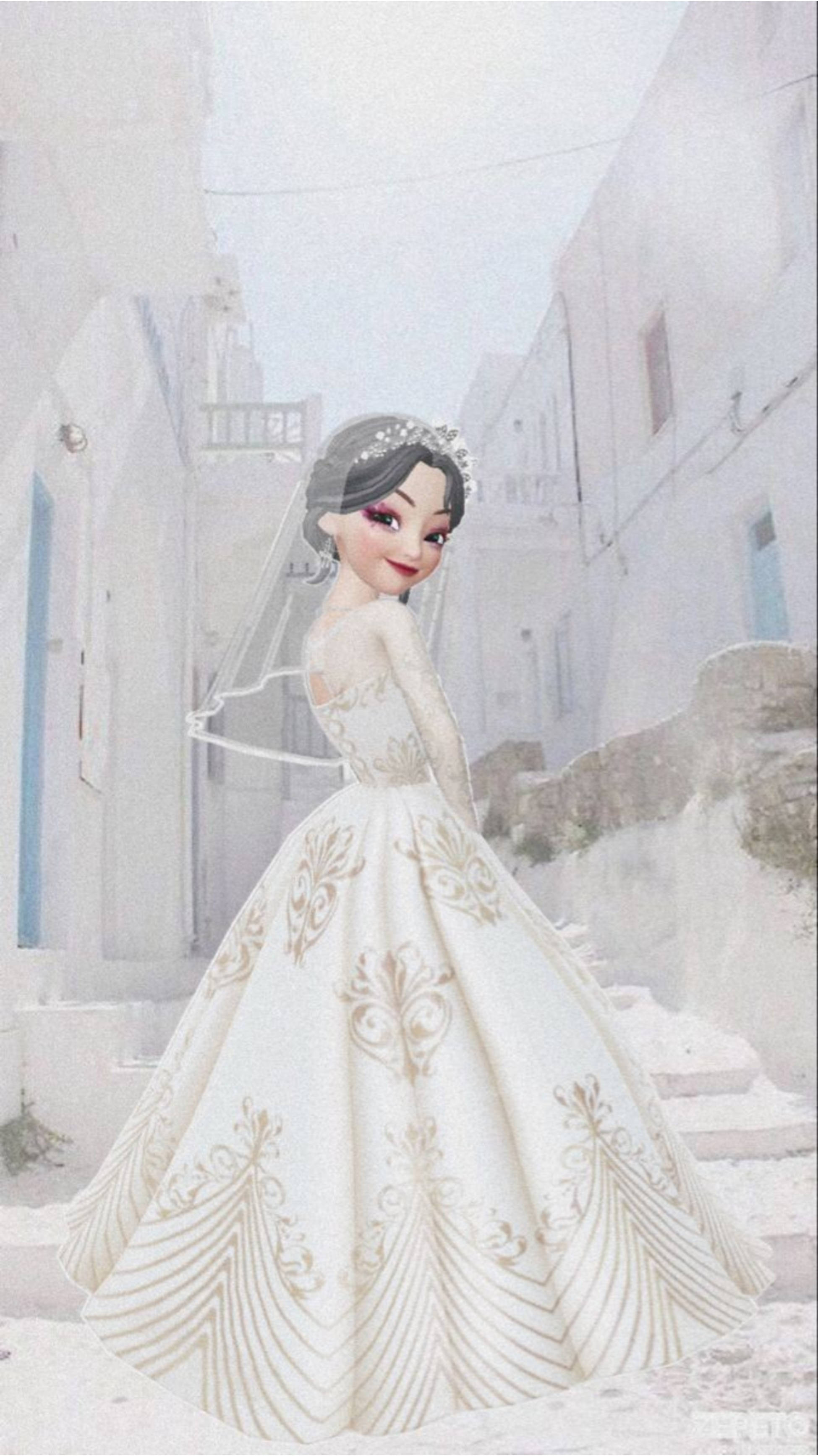 Bride 桌布 壁紙 — 一位身穿華麗白色婚紗、飾有金色刺繡的新娘，站在一條狹窄的白色希臘小巷中。