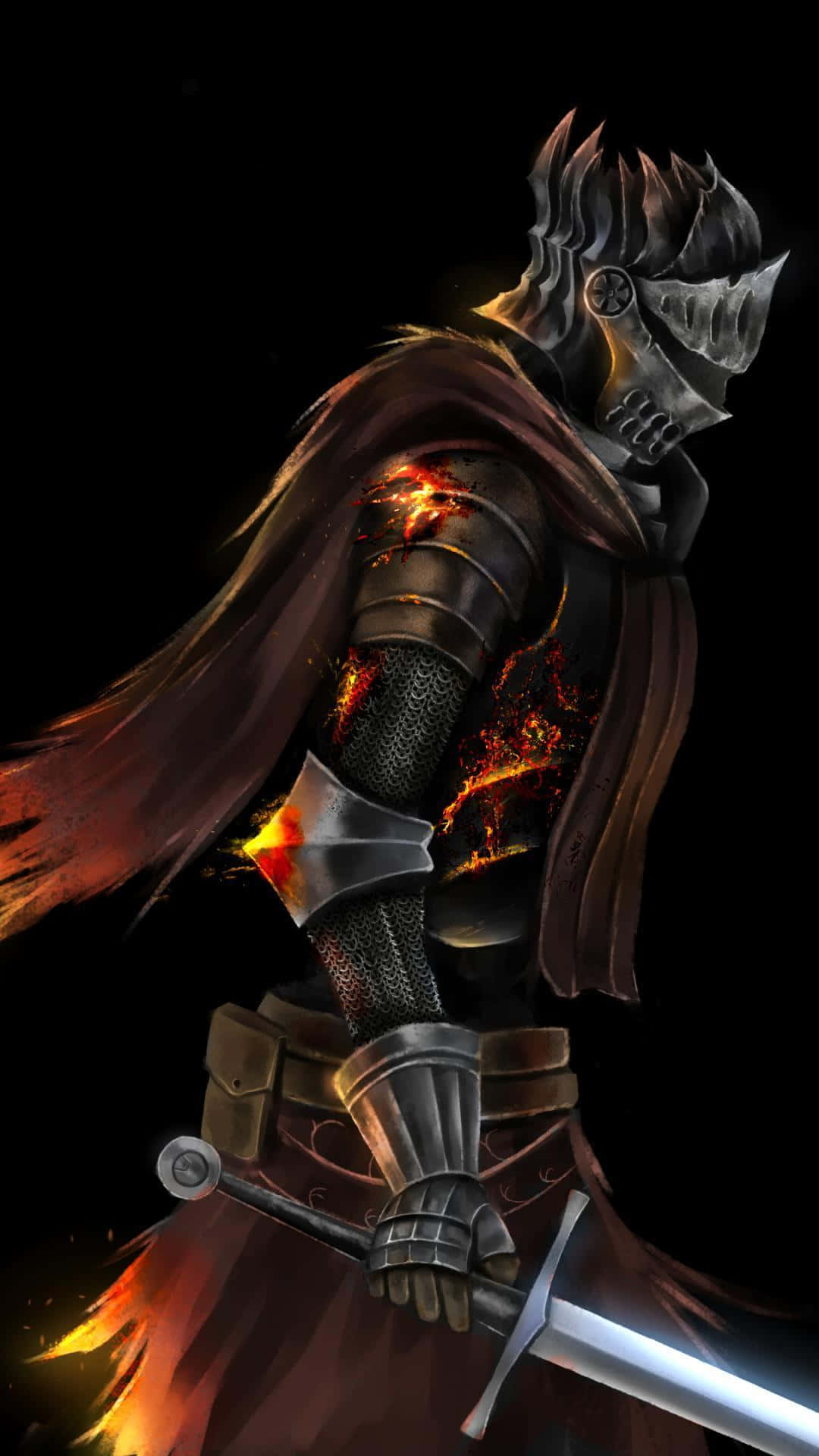 Solaire Of Astora 桌布 壁紙 — 一位身穿華麗盔甲、帶有發光火焰傷口和飄逸斗篷的黑暗騎士，在黑色虛空中持劍。