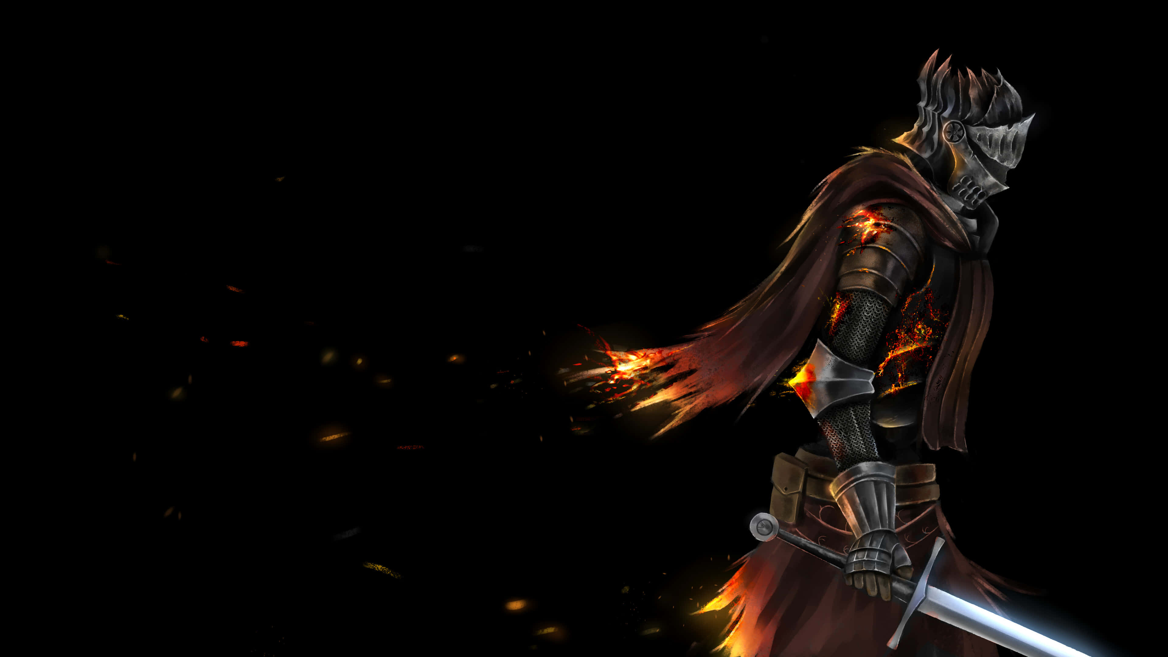 Dark Souls Black Knight 桌布 壁紙 — 一位身穿華麗盔甲、披著火焰披風、手持火焰劍的黑暗騎士，站在黑色背景前，背景中有發光的餘燼。
