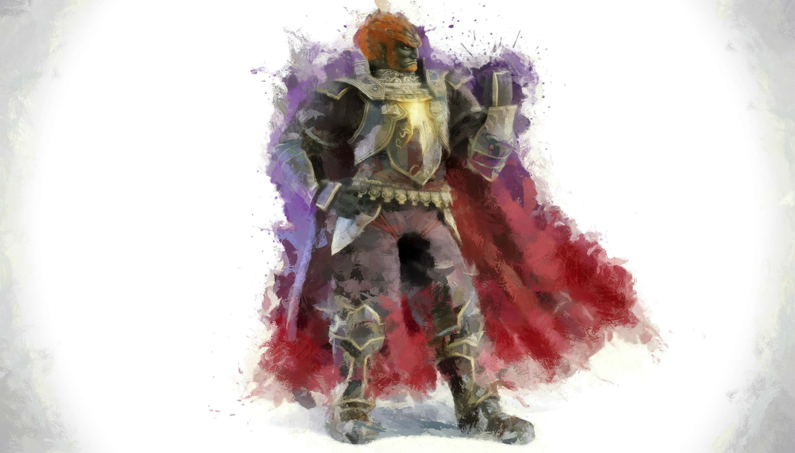 Ganondorf 桌布 壁紙 — 一位身穿華麗盔甲、披著紅色斗篷的騎士，站在帶有紫色和紅色油漆飛濺的白色背景前。