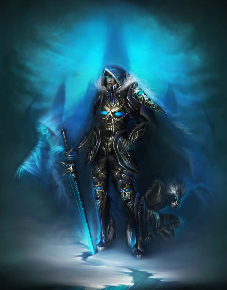 Death Knight 桌布 壁紙 — 一位身穿華麗盔甲、擁有發光藍眼睛和劍的黑暗奇幻戰士，站在迷霧藍色虛空中，周圍有幽靈狼。