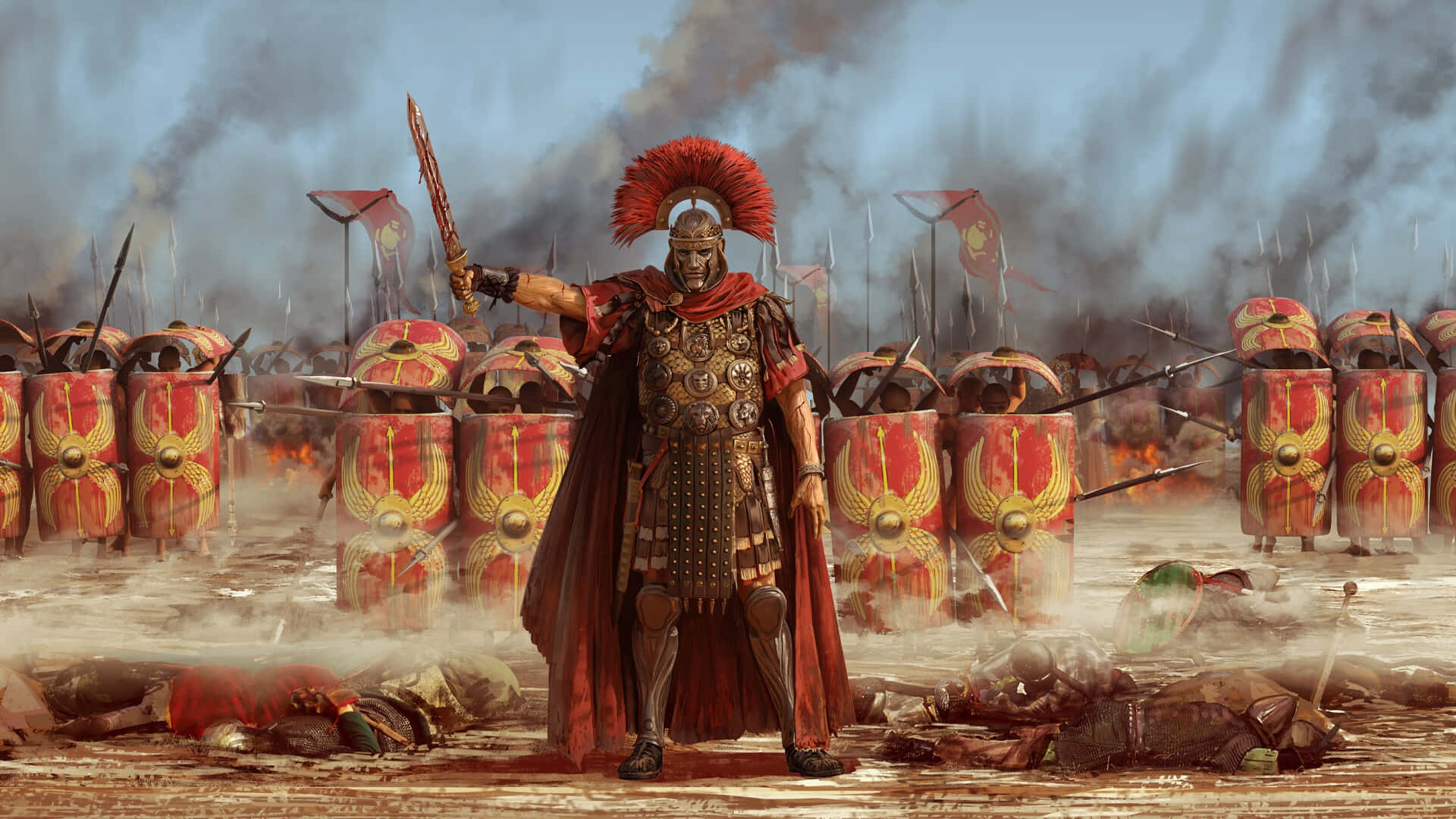 Warrior 桌布 壁紙 — 一位身穿華麗盔甲、頭戴紅色羽毛的羅馬將軍，在煙霧瀰漫、佈滿陣亡士兵的戰場上，挑釁地站在他的軍團士兵面前。