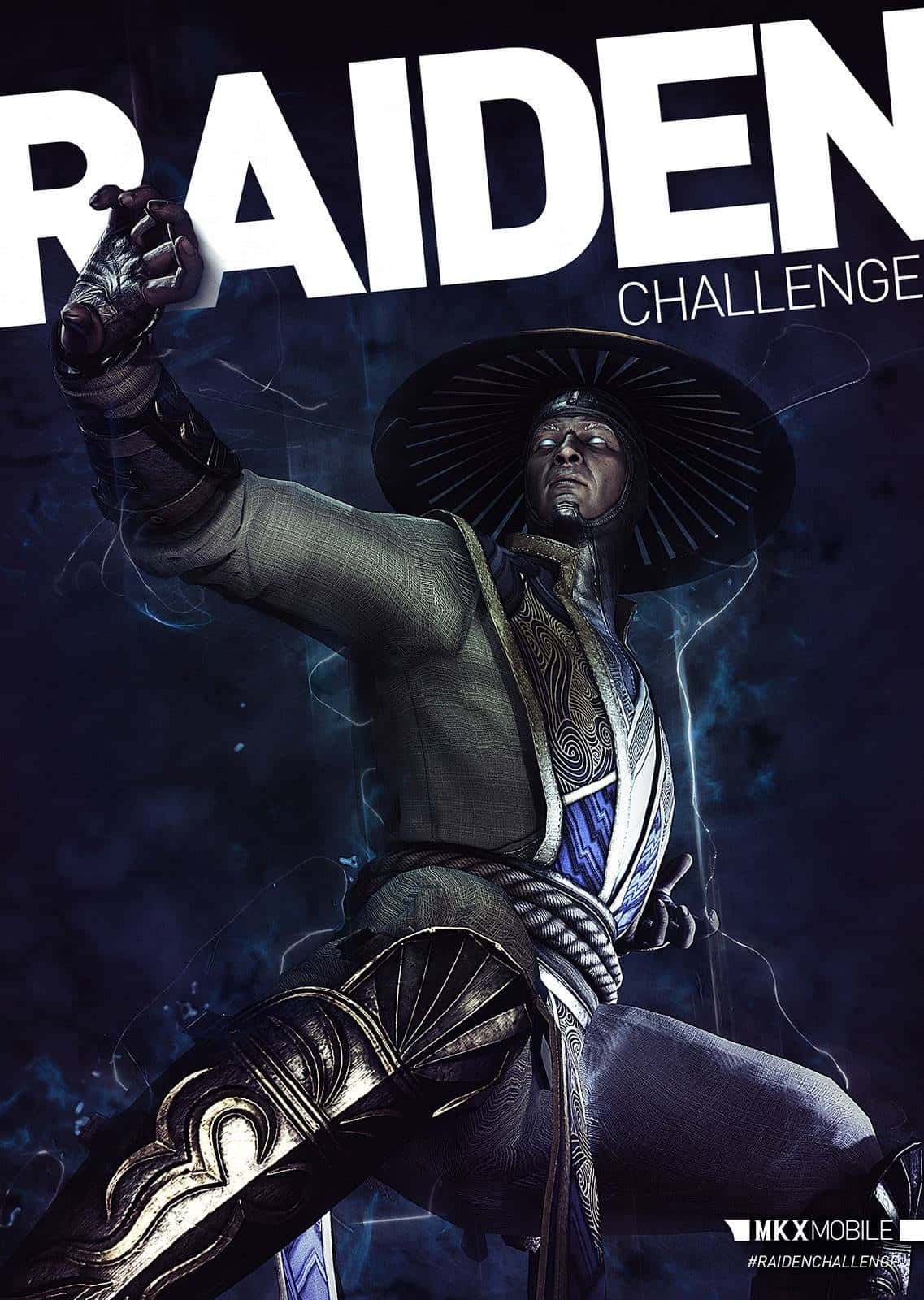 Mortal Kombat Raiden 桌布 壁紙 — 一位身穿華麗盔甲和寬邊帽的強大武術家在黑暗的暴風雨場景中引導閃電。