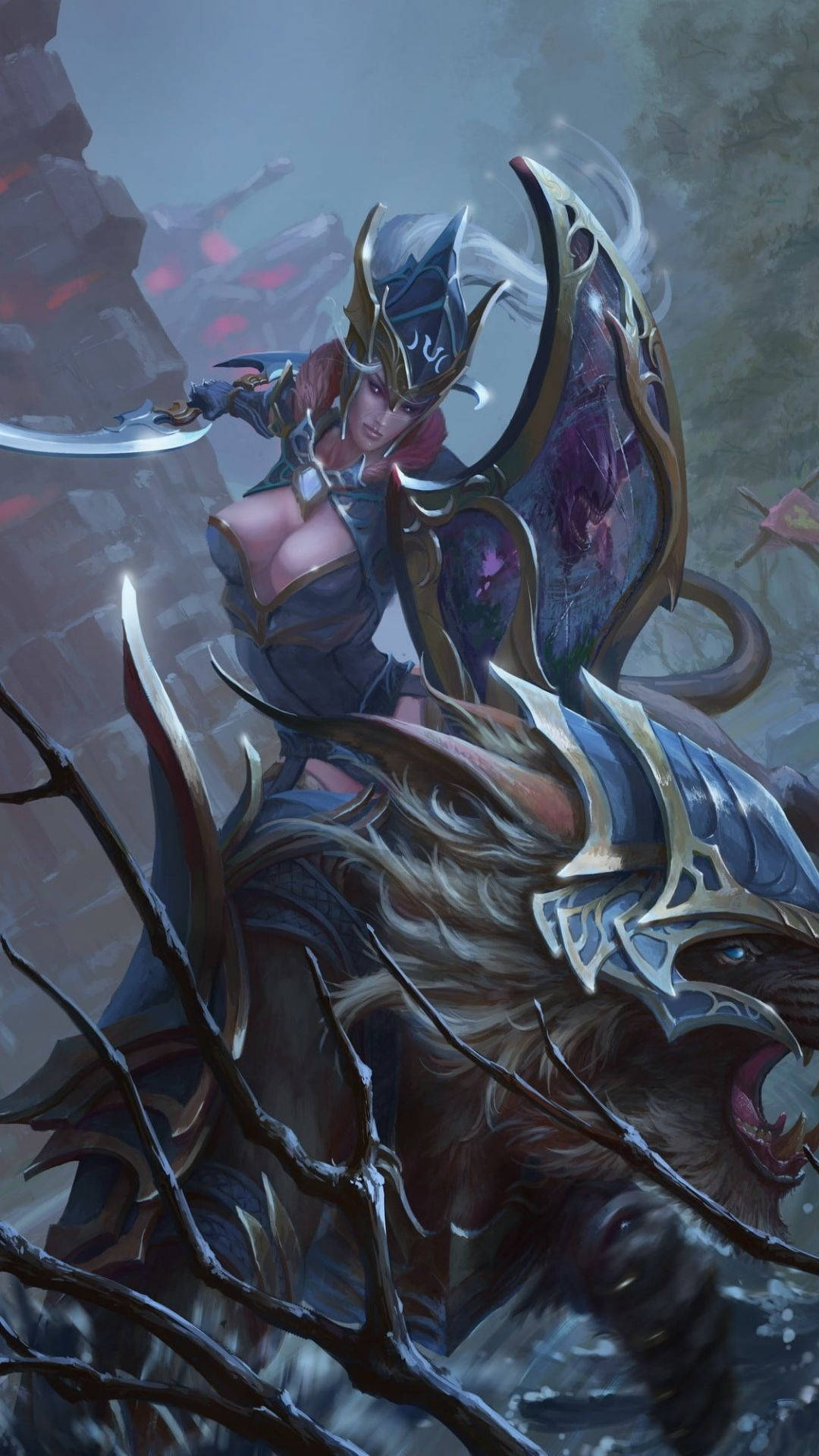 電玩遊戲 桌布 壁紙 — 一位身穿華麗盔甲的兇猛女戰士騎著咆哮的野獸，穿越迷霧籠罩、滿佈廢墟的戰場。