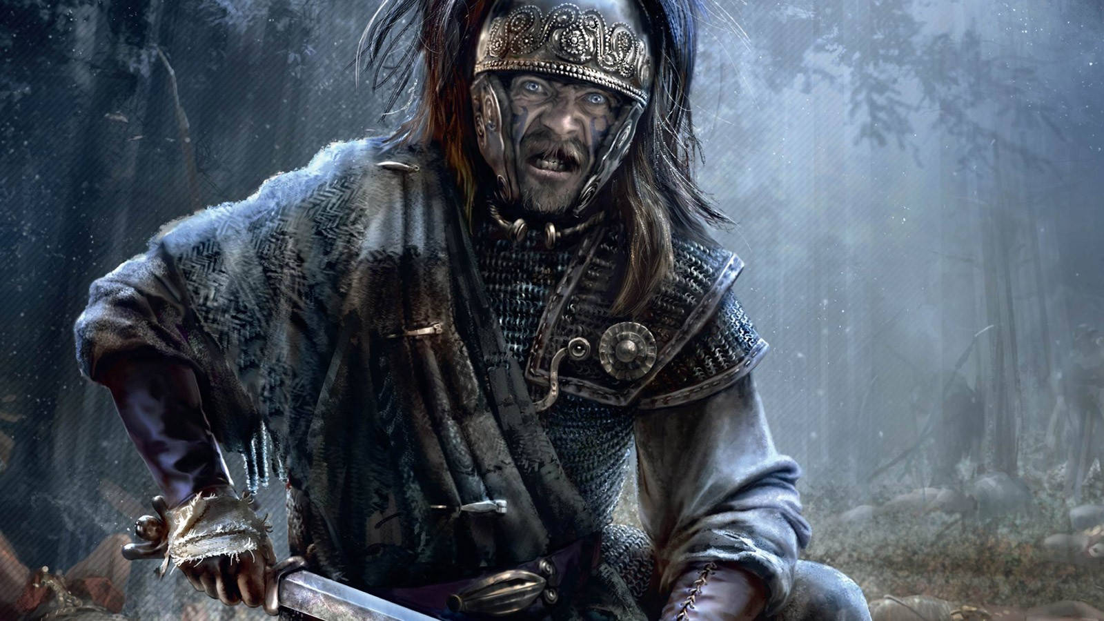 Rome Total War 桌布 壁紙 — 一位身穿華麗盔甲的兇猛戰士在迷霧森林中緊握著劍，他的臉因戰鬥的憤怒而扭曲。