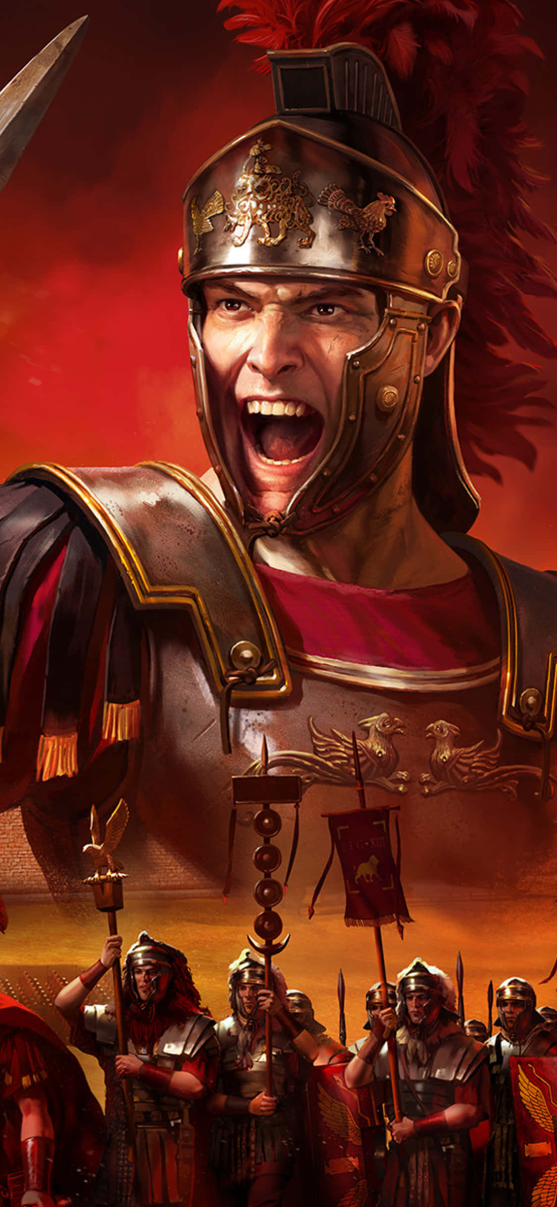 電玩遊戲 桌布 壁紙 — 一位身穿華麗盔甲的兇猛羅馬將軍，在熾熱的紅色天空下，與身後的軍團士兵一同咆哮。