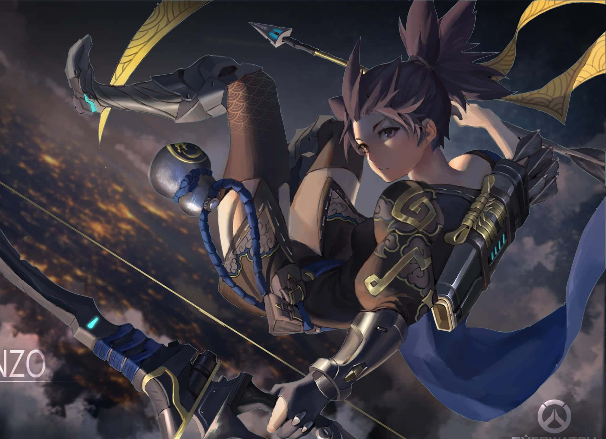 Overwatch Hanzo 桌布 壁紙 — 一位身穿華麗盔甲的動態動漫弓箭手，在暴風雨黃昏的天空下拉開發光的弓，下方是城市燈光。