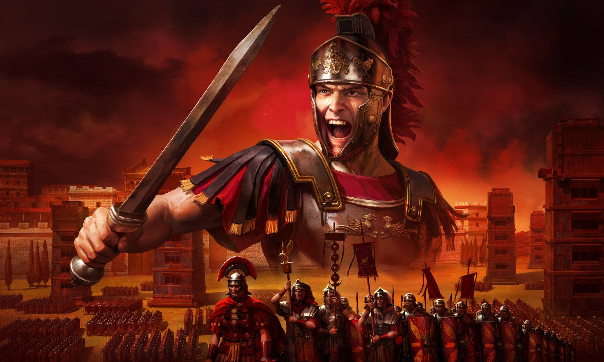 Total War Rome 2 桌布 壁紙 — 一位身穿華麗盔甲的咆哮羅馬將軍，在熾熱的夕陽戰場上，在他的軍團面前揮舞著劍。
