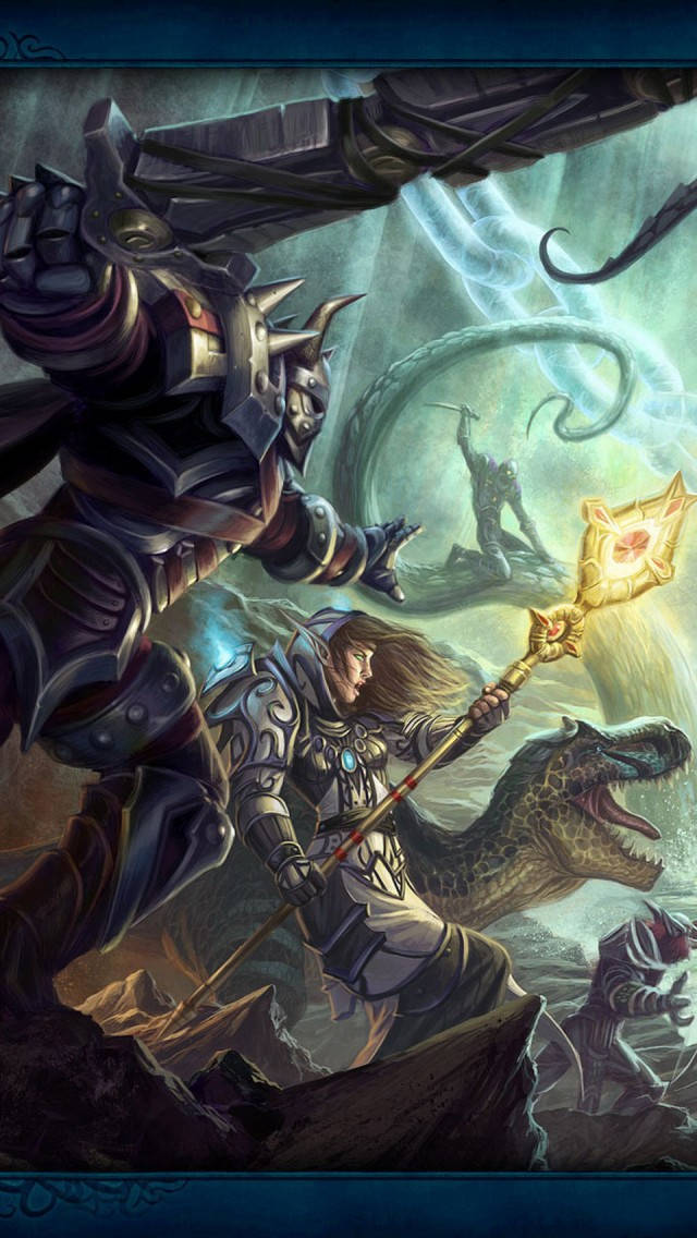 電玩遊戲 桌布 壁紙 — 一位身穿華麗盔甲的奇幻戰士，在咆哮的巨龍旁邊揮舞著發光法杖，與巨大的機械野獸戰鬥。
