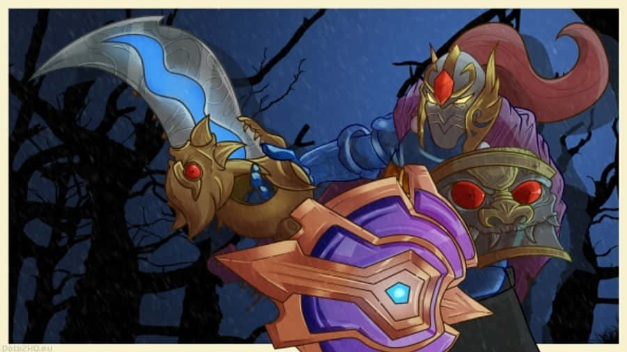 Dota 2 Sven 桌布 壁紙 — 一位身穿華麗盔甲的奇幻戰士，在黑暗月光下、扭曲樹木間揮舞著發光的劍和盾牌。