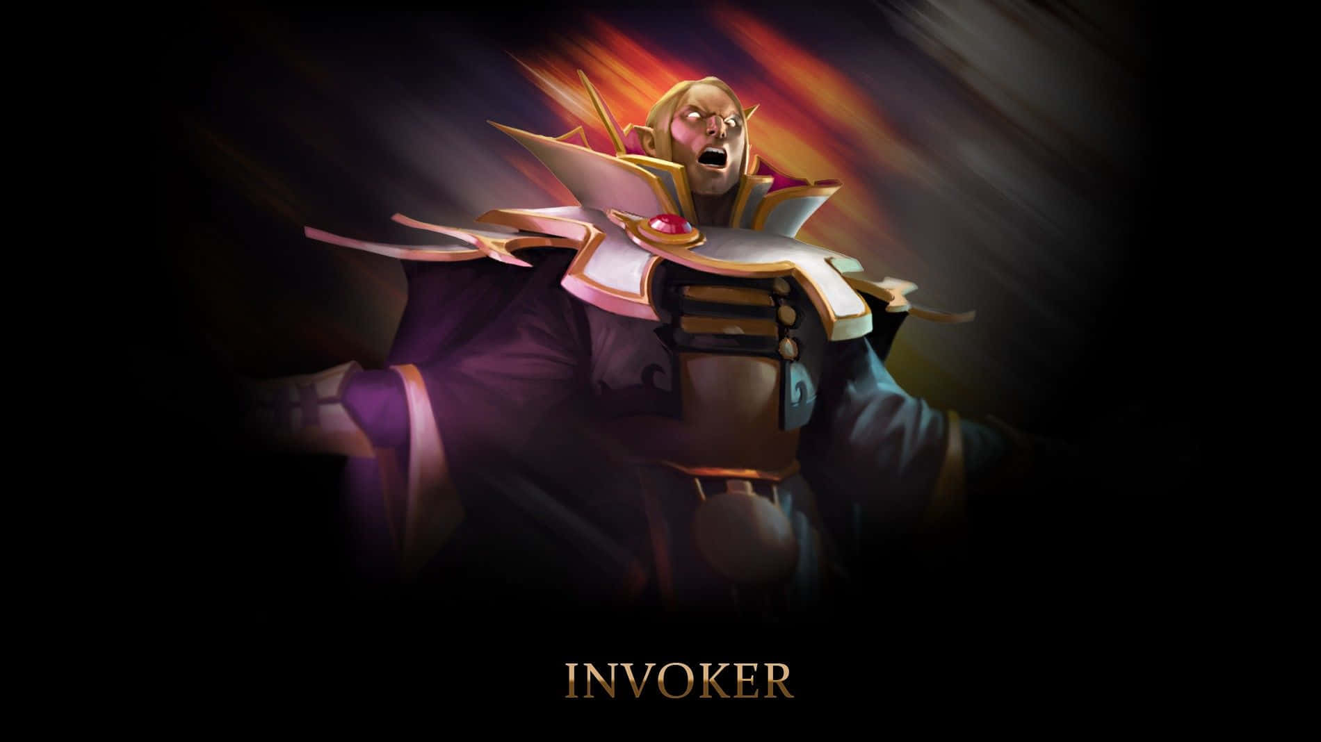 Dota 2 Invoker 桌布 壁紙 — 一位身穿華麗盔甲的奇幻法師，在熾熱的黑暗背景下，以發光的紅眼和動態模糊效果咆哮。