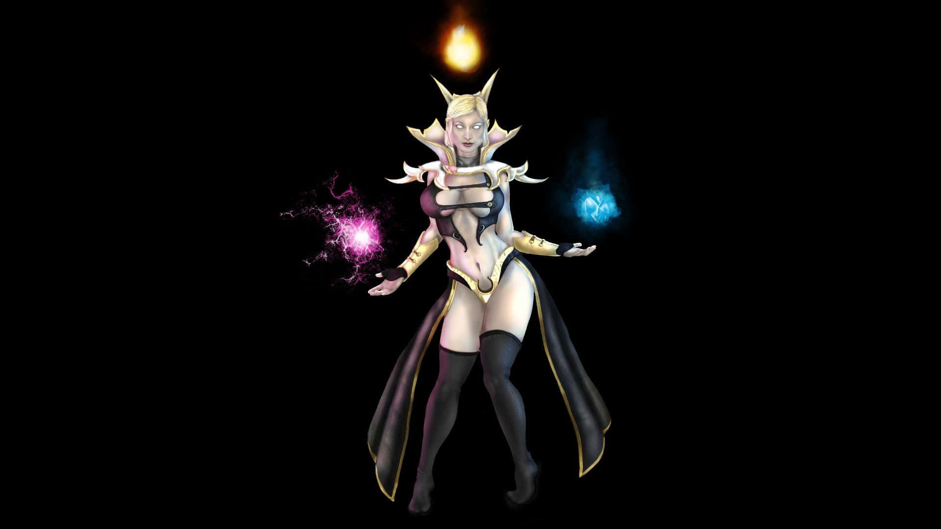 Dota 2 Invoker 桌布 壁紙 — 一位身穿華麗盔甲的女性奇幻法師，在黑色虛空背景下引導發光的粉紅色和藍色魔法球。