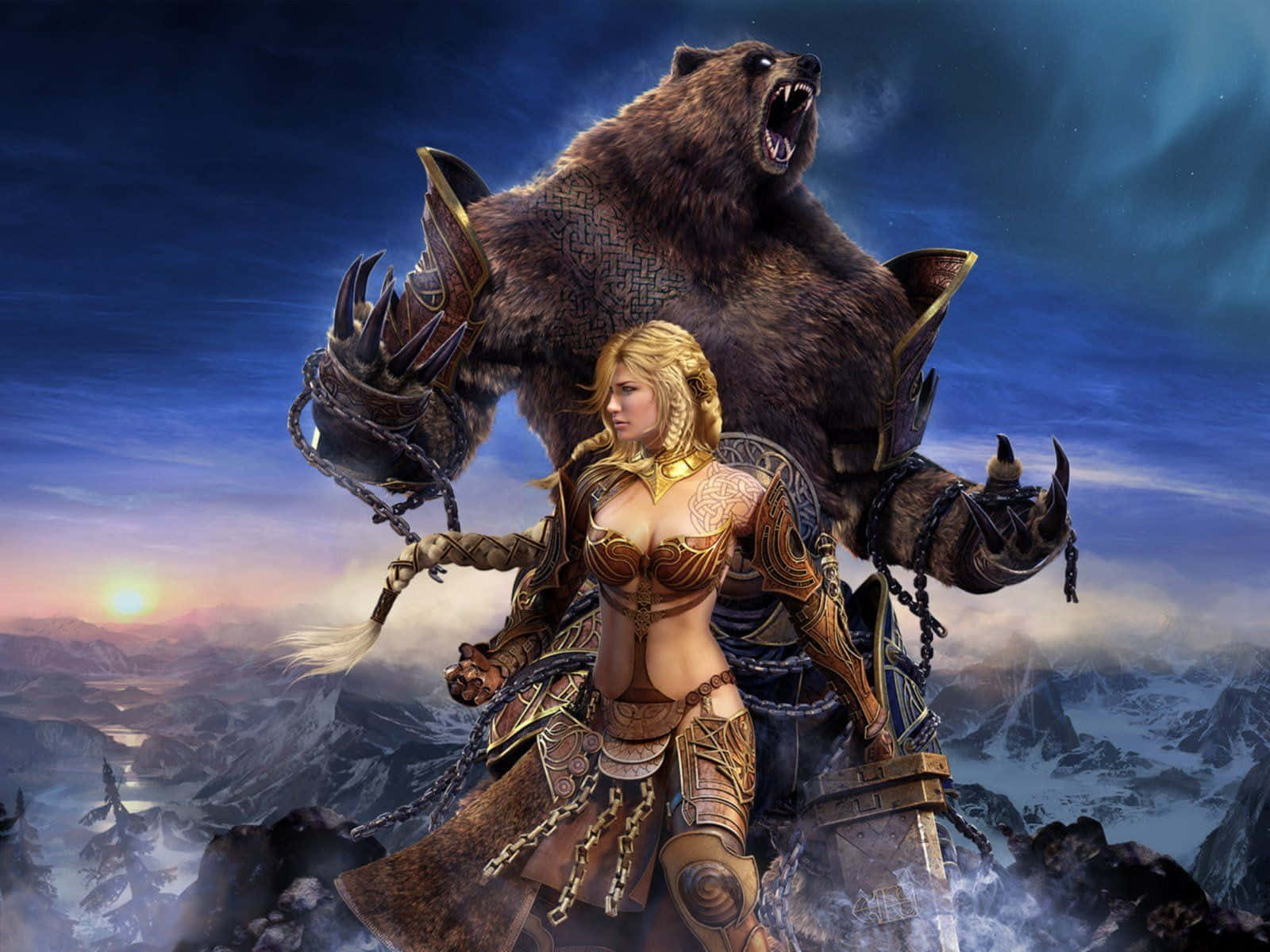 Female Viking Warriors 桌布 壁紙 — 一位身穿華麗盔甲的女戰士，在暮色山脈背景下，挑釁地站在一頭巨大的裝甲熊旁邊。