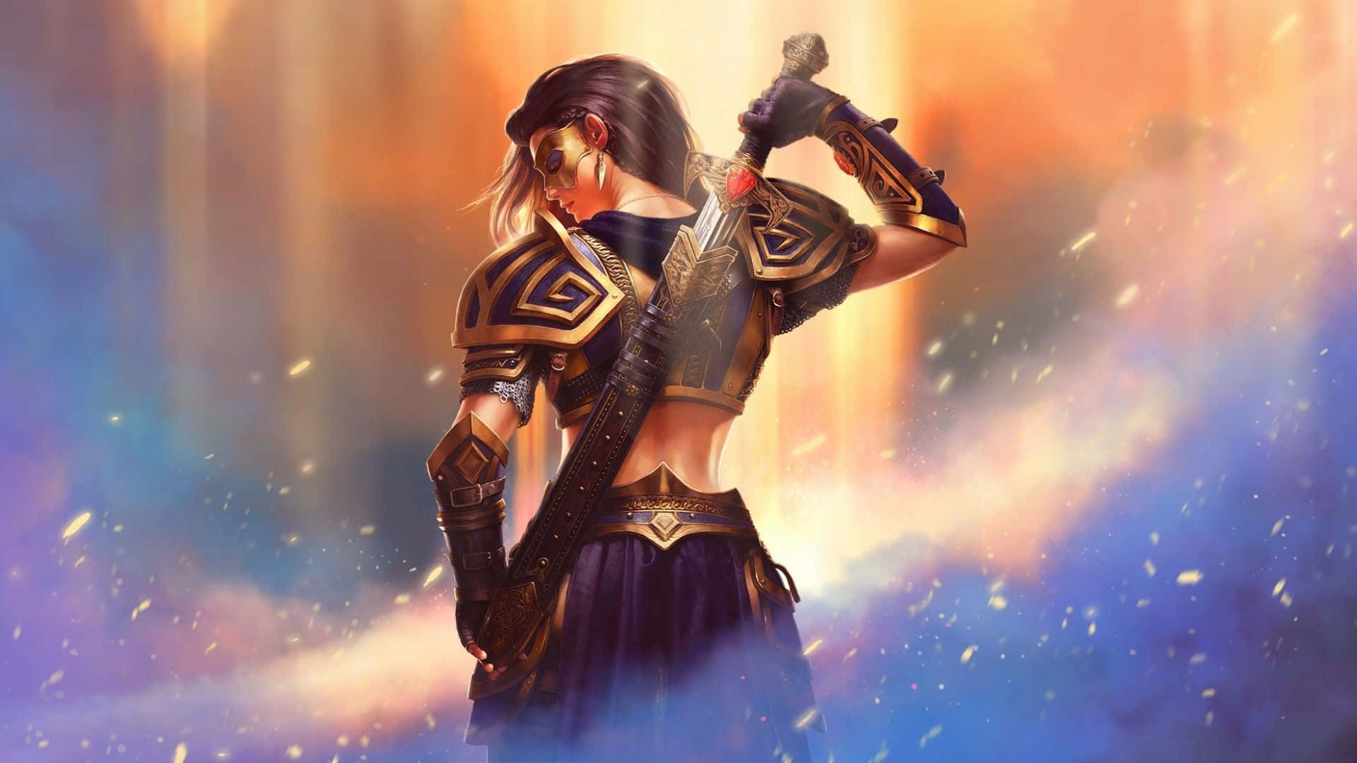 Warrior 桌布 壁紙 — 一位身穿華麗盔甲的女戰士，手持發光劍，站在橙色和藍色光芒的鮮豔宇宙背景下。