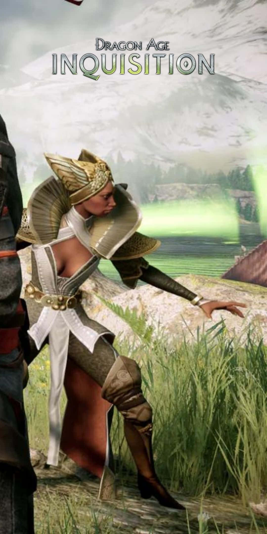 Pixel 3 Dragon Age Inquisition 桌布 壁紙 — 一位身穿華麗盔甲的女戰士站在草地上，背景有山脈和一個發光的綠色傳送門。