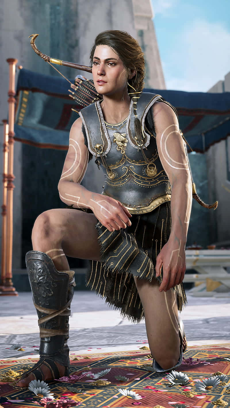 Android Assassin's Creed Odyssey 桌布 壁紙 — 一位身穿華麗盔甲的女戰士跪在圖案地毯上，肩上掛著弓，身處陽光明媚的古老庭院。