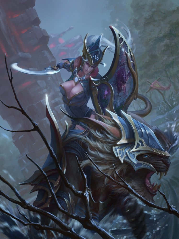 Hero 桌布 壁紙 — 一位身穿華麗盔甲的女戰士騎著咆哮的裝甲野獸，穿過霧氣瀰漫、岩石遍佈的森林，背景中有發光的紅色裂縫。