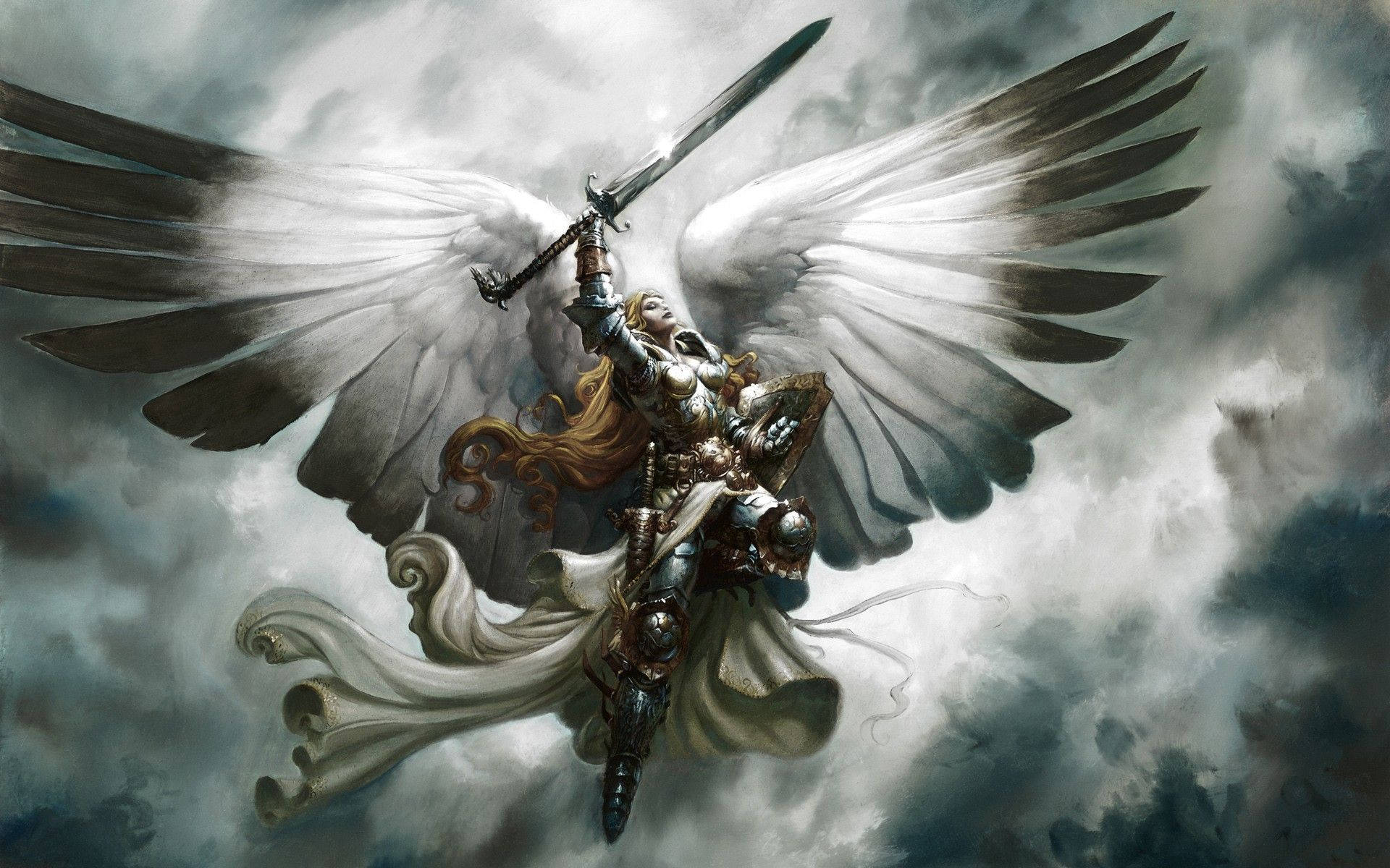 angels 桌布 壁紙 — 一位身穿華麗盔甲的威嚴翼戰士，在暴風雲中翱翔，揮舞著閃閃發光的劍。