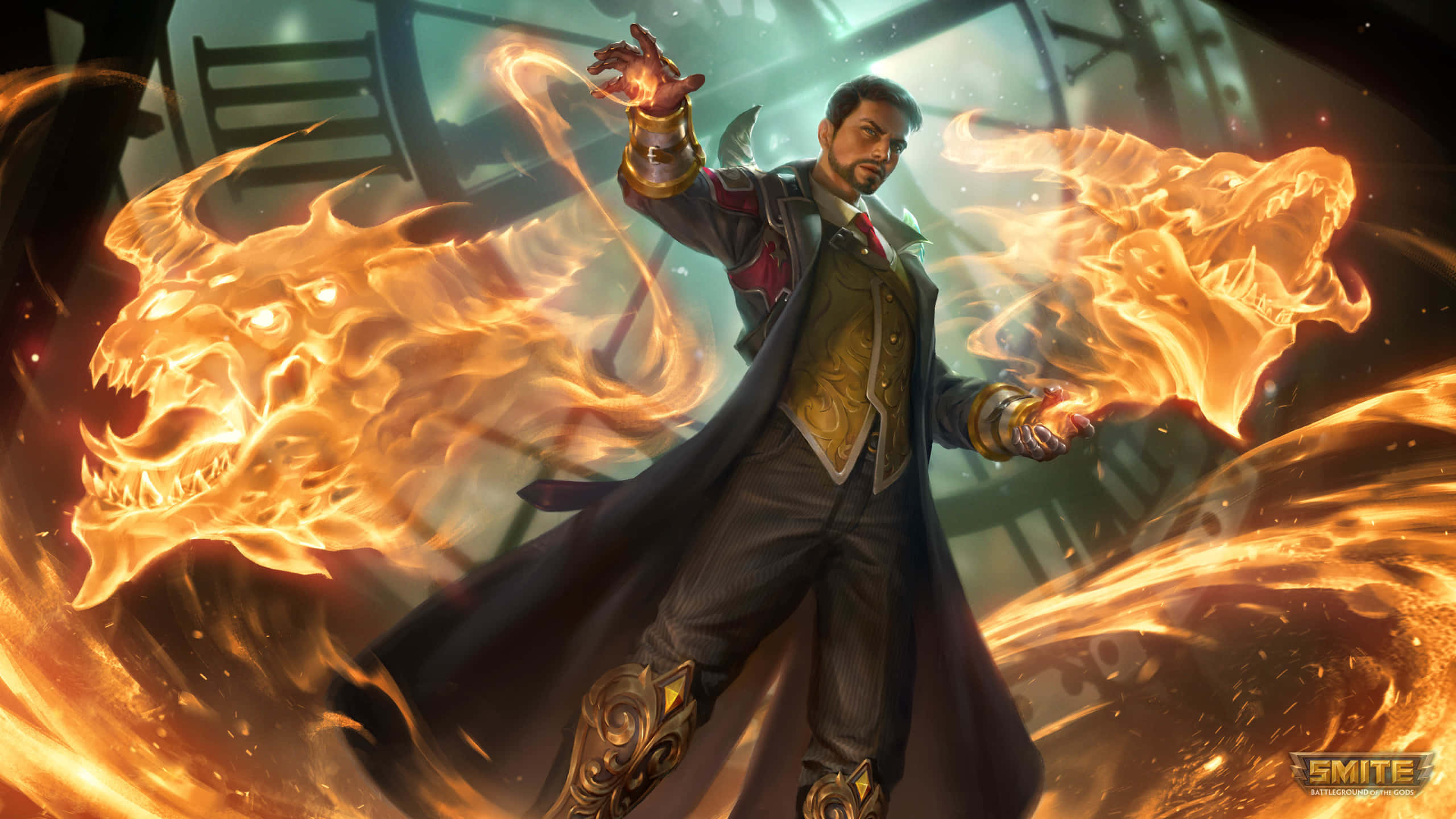 Smite 桌布 壁紙 — 一位身穿華麗盔甲的強大法師從旋轉的火焰中召喚出兩個火焰惡魔頭顱，構成戲劇性的奇幻戰鬥場景。