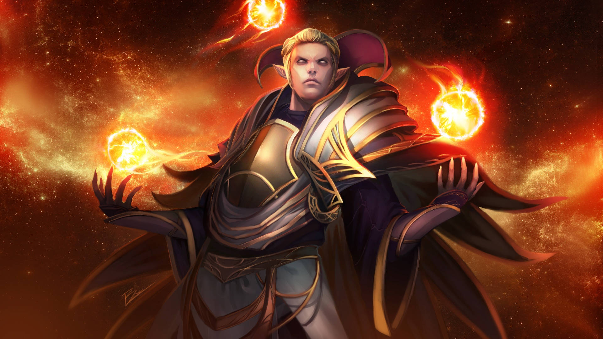 dota 2 4K 桌布 壁紙 — 一位身穿華麗盔甲的強大精靈法師，在宇宙星雲背景下操控火球。