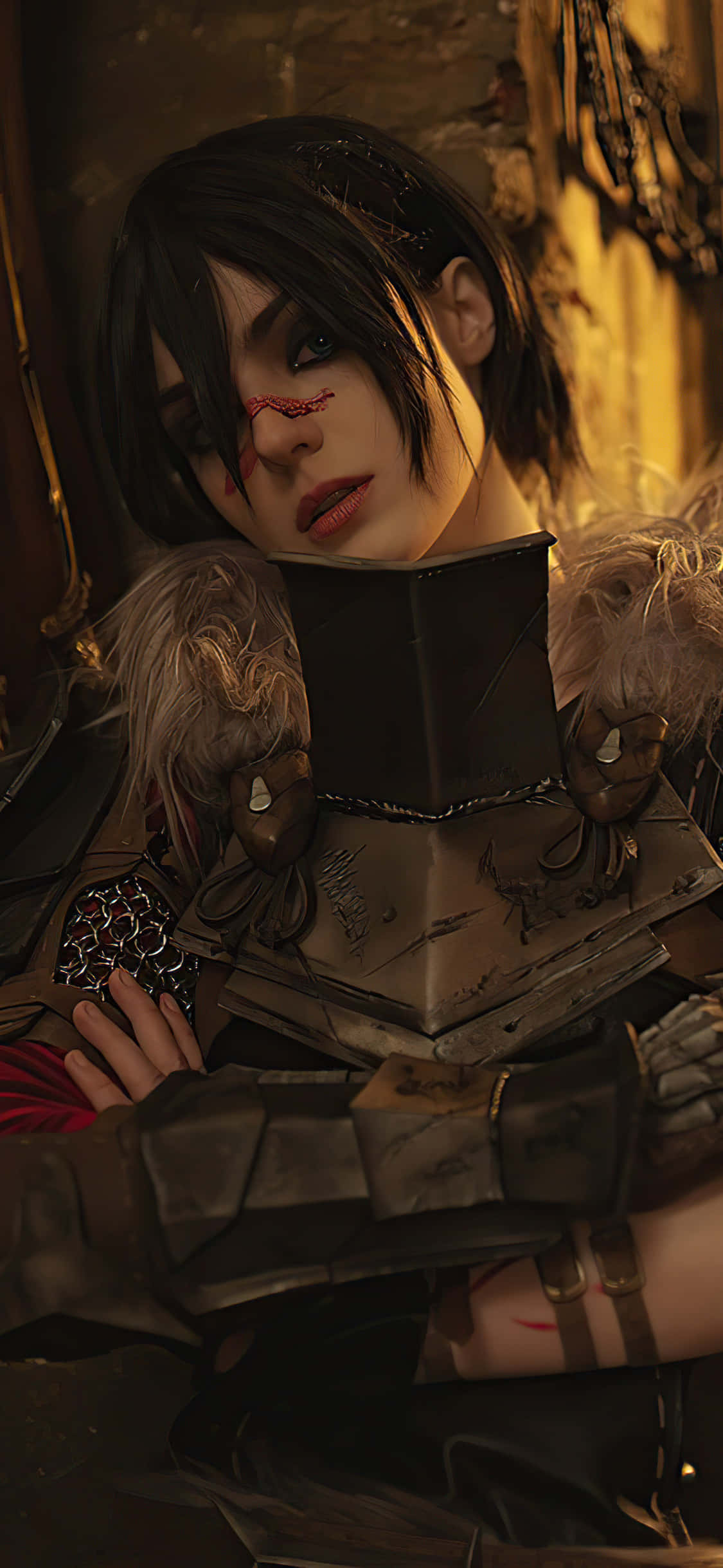 iPhone Xs Dragon Age Inquisition 桌布 壁紙 — 一位身穿華麗盔甲的戰士在昏暗的石室中休息，手持一本古書。