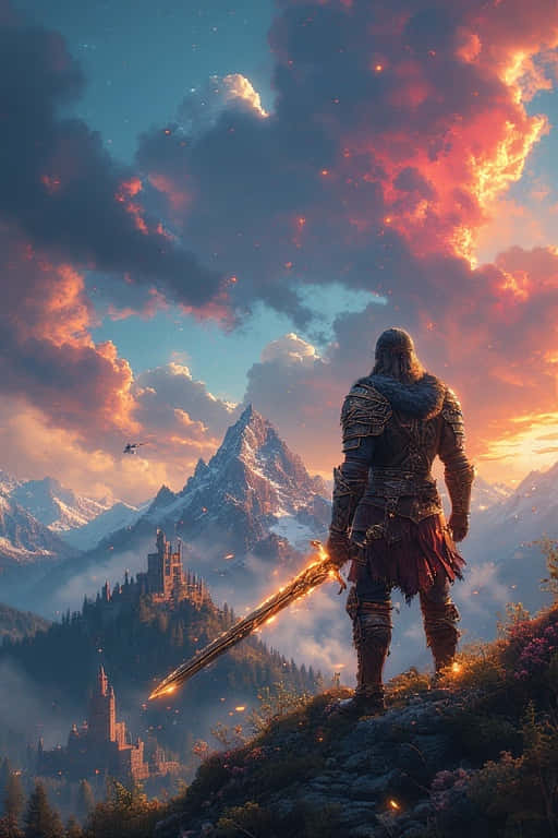 Epic Fantasy RPG Warrior Wallpaper 4K 壁紙 — 一位身穿華麗盔甲的戰士站在懸崖頂上，手持發光的劍，俯瞰著坐落在白雪覆蓋的山脈之間的城堡，背景是熾熱的日落天空。