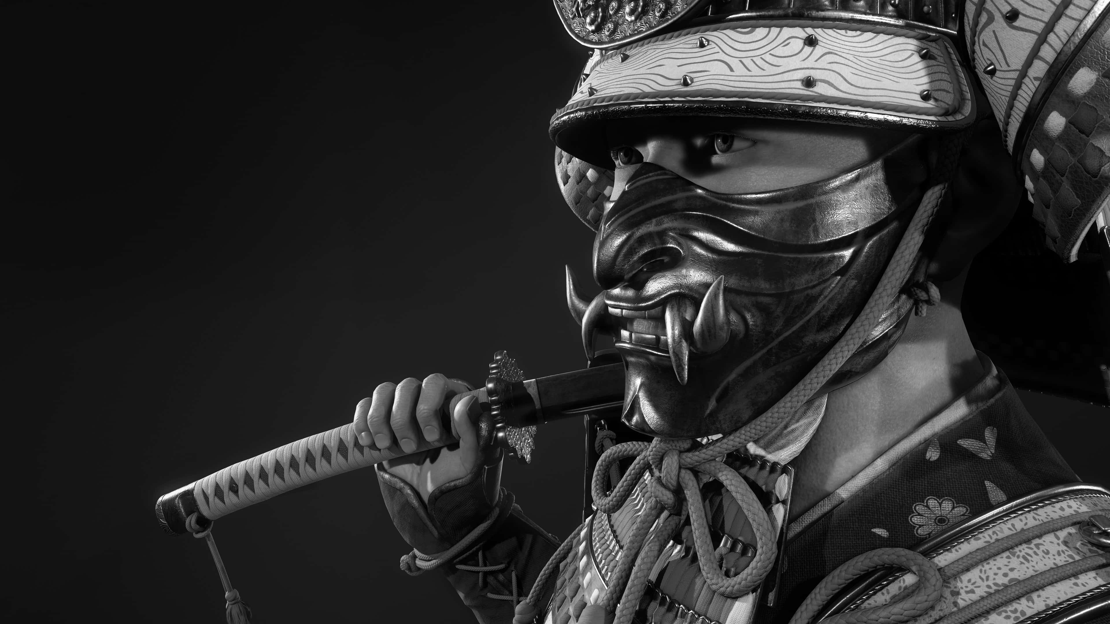 Samurai Armor 桌布 壁紙 — 一位身穿華麗盔甲的武士，在戲劇性的黑白對比中，於純黑背景前手持武士刀。