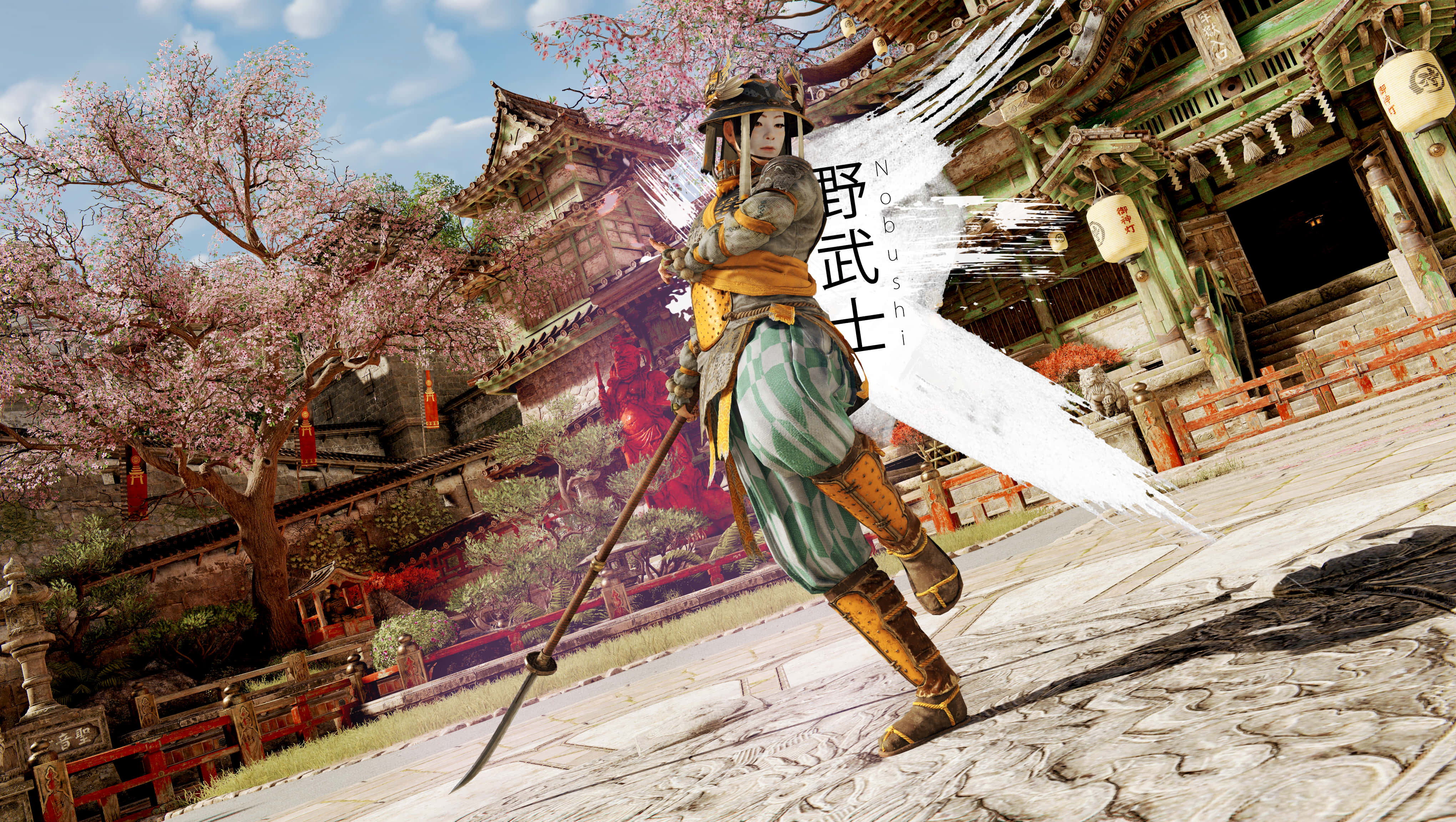 Female Samurai For Honor 桌布 壁紙 — 一位身穿華麗盔甲的武士，在盛開的櫻花下，手持劍立於傳統日本神社前。