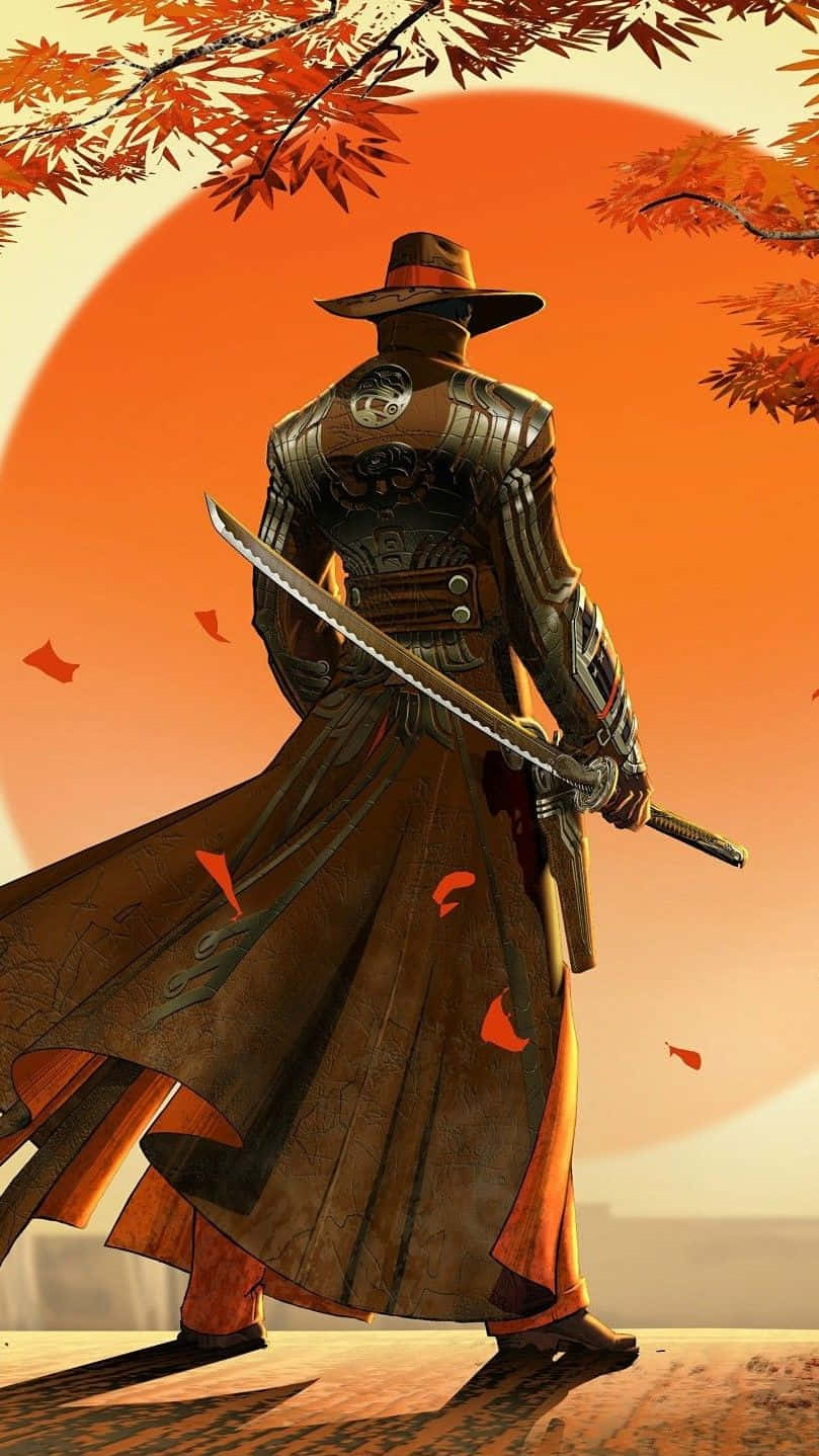 桌布 壁紙 — 一位身穿華麗盔甲的武士，手持武士刀，站在秋楓葉環繞的橙色夕陽下。