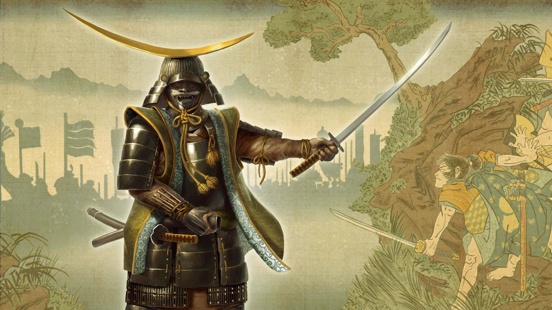 Best Total War Shogun 2 桌布 壁紙 — 一位身穿華麗盔甲的武士，手持武士刀，以霧氣繚繞的山脈和遠處的城市景觀為背景，擺出架勢。