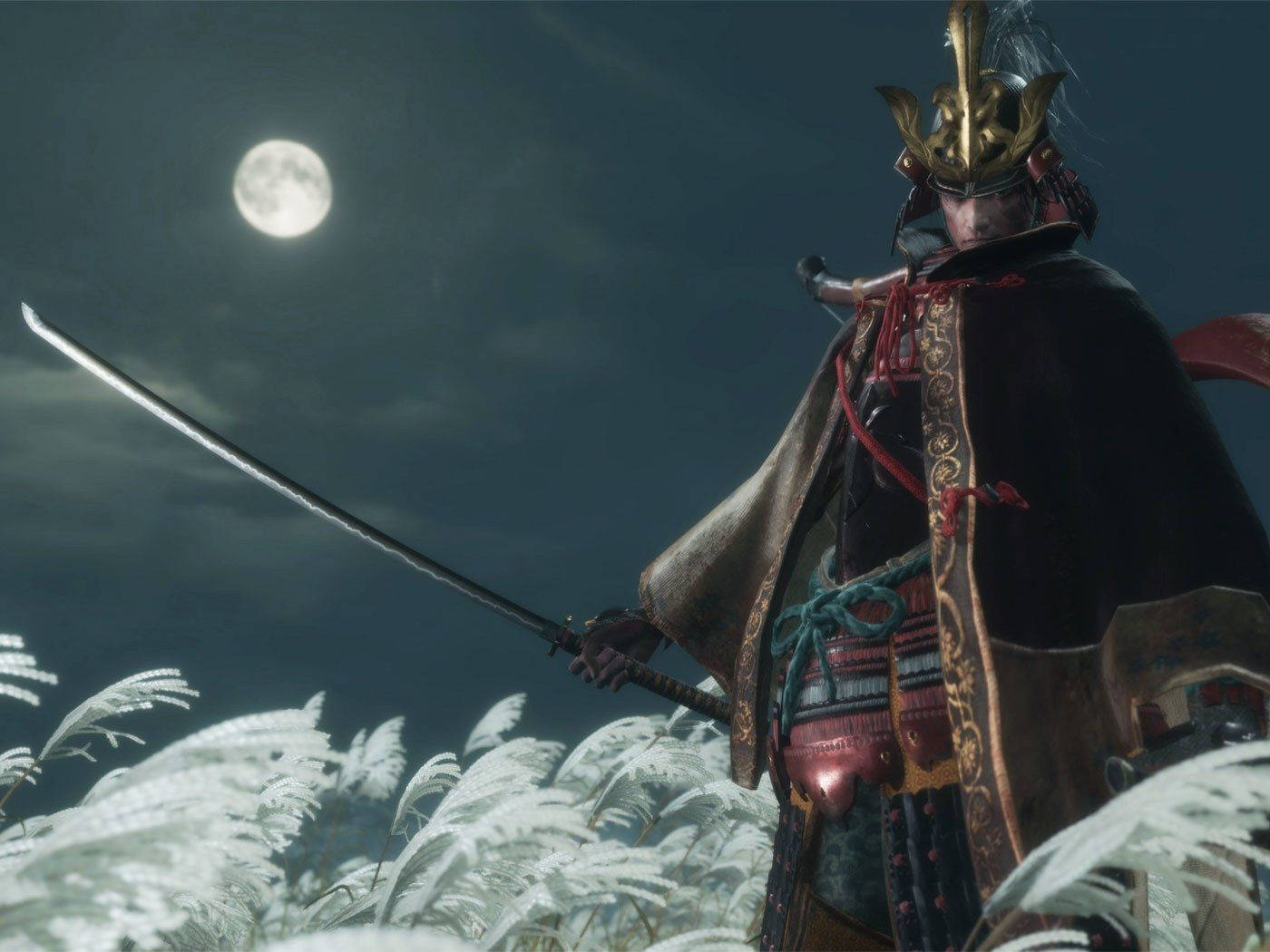 身穿盔甲的武士在滿月下於雪蘆葦中持刀 — 隻狼：暗影雙死 壁紙