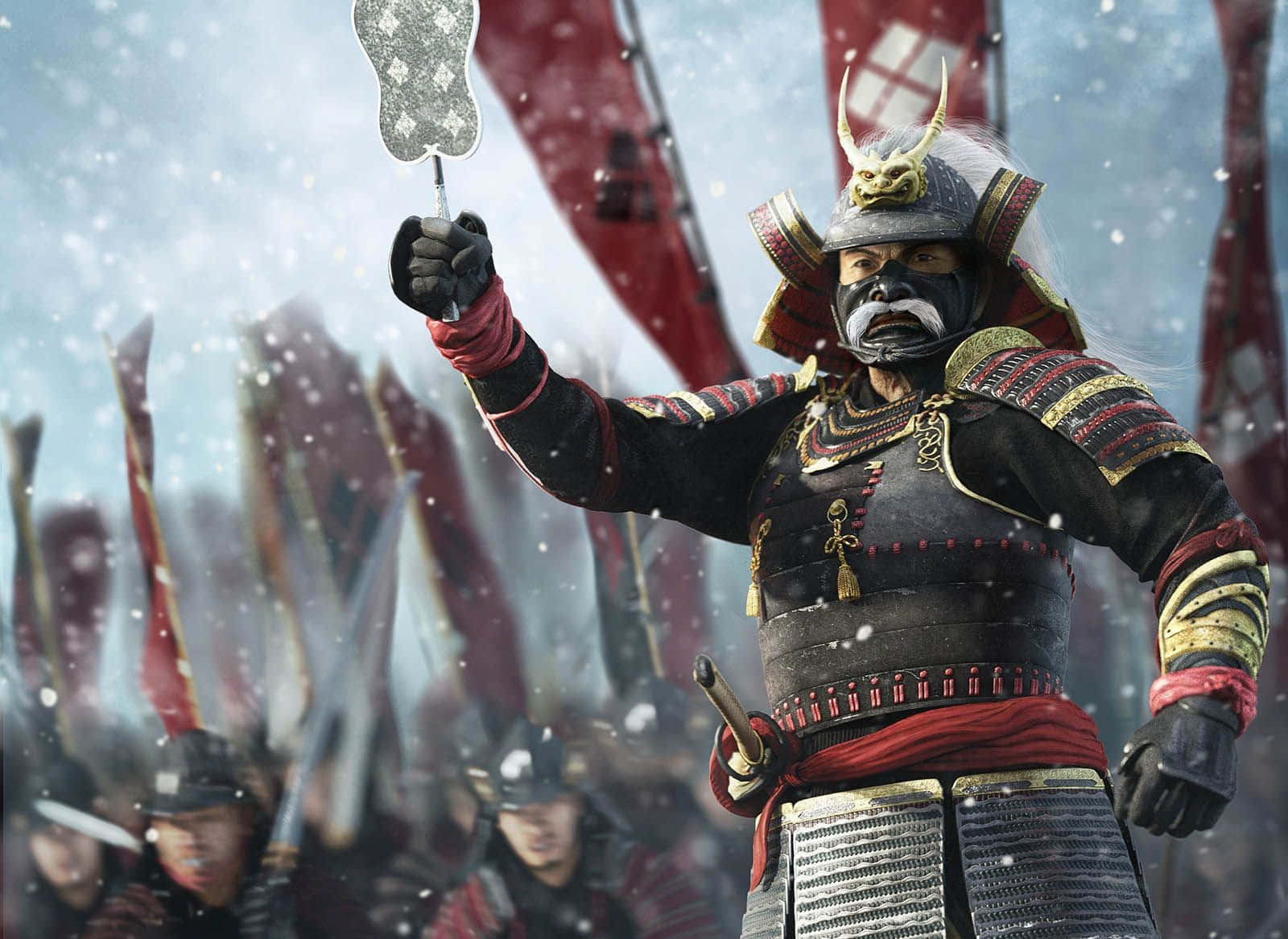 Shogun 桌布 壁紙 — 一位身穿華麗盔甲的武士在飄雪中舉起軍扇，身後有紅色旗幟。