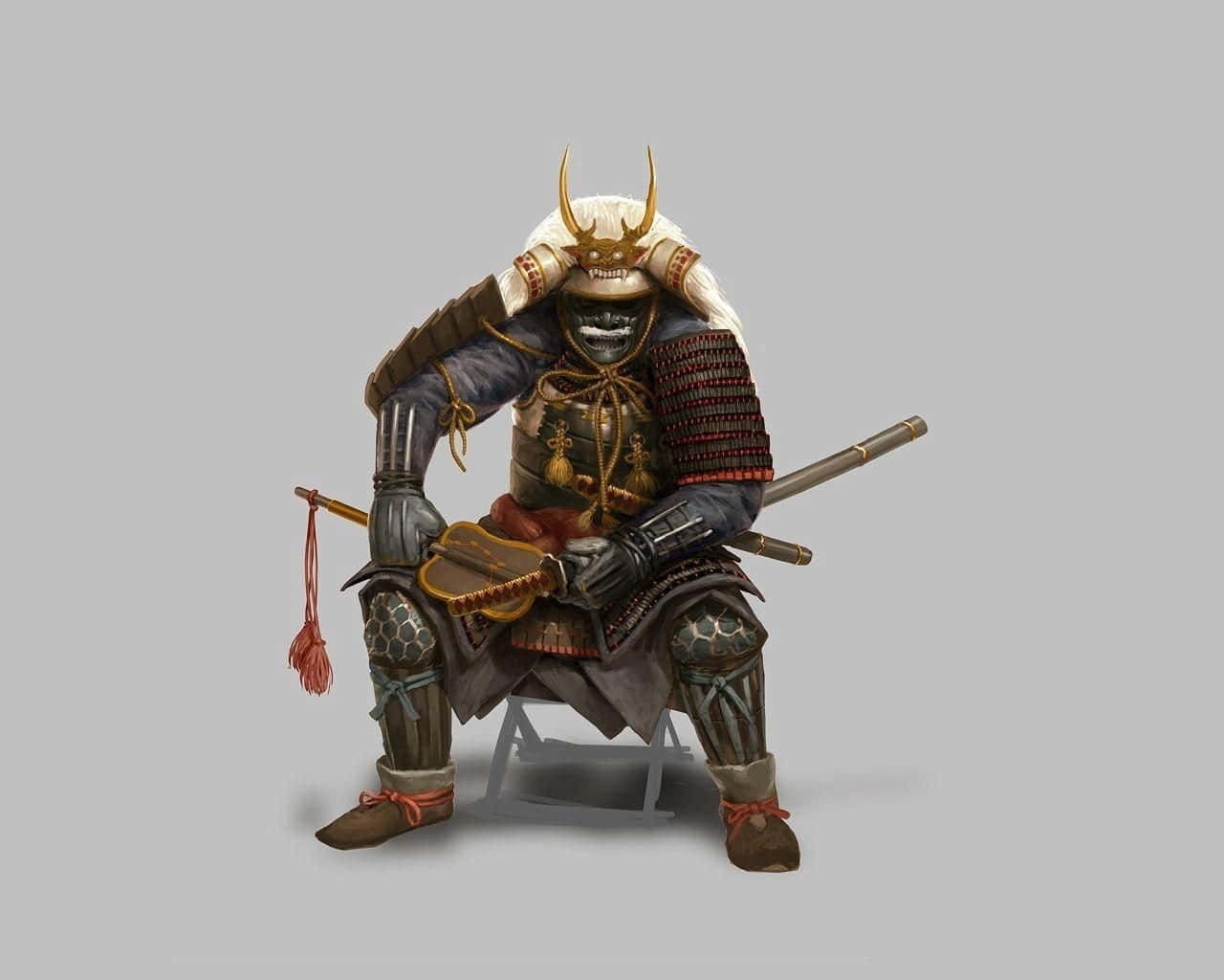 Shogun 桌布 壁紙 — 一位身穿華麗盔甲的武士威嚴地坐在凳子上，身旁放著一把武士刀，背景是樸素的灰色。
