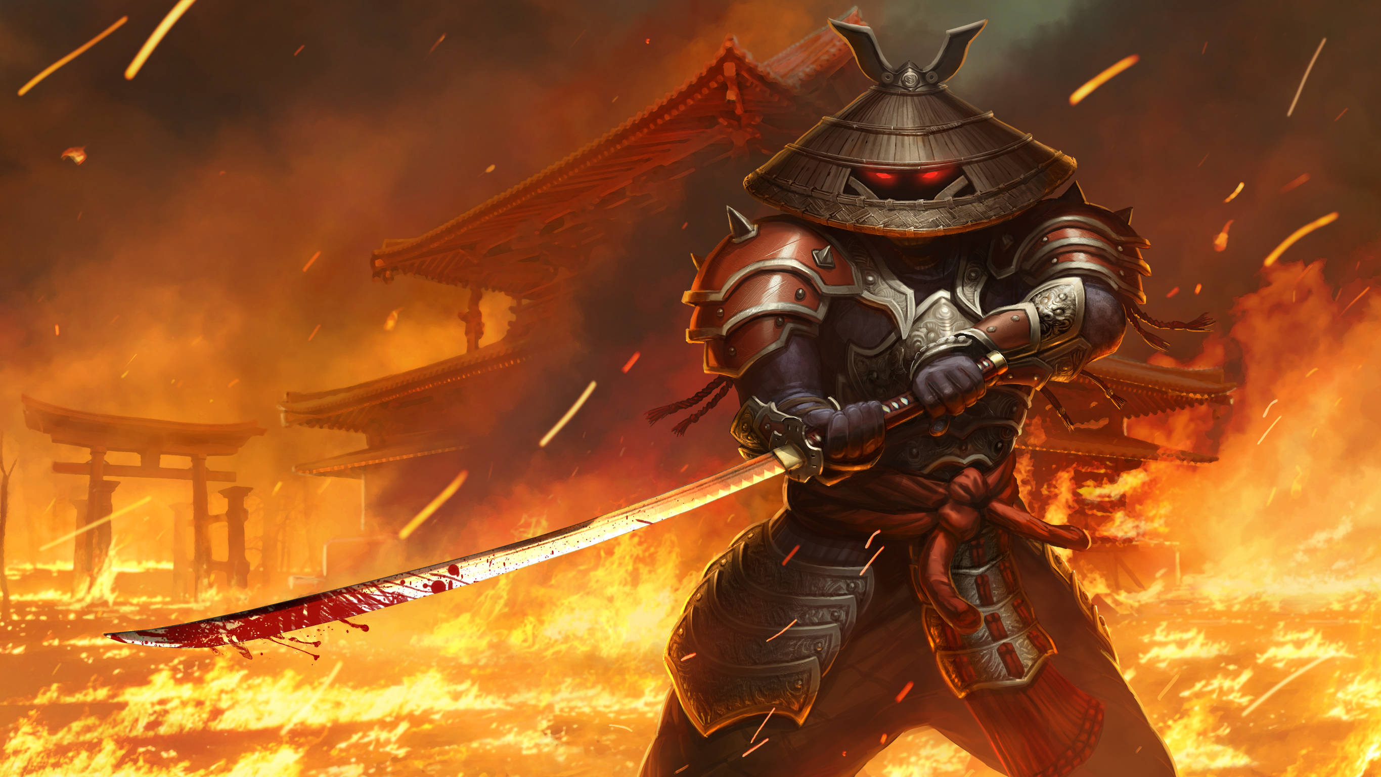 Juggernaut 桌布 壁紙 — 一位身穿華麗盔甲的武士戰士，在燃燒的戰場上 defiantly 站立，身後是燃燒的傳統日本建築。