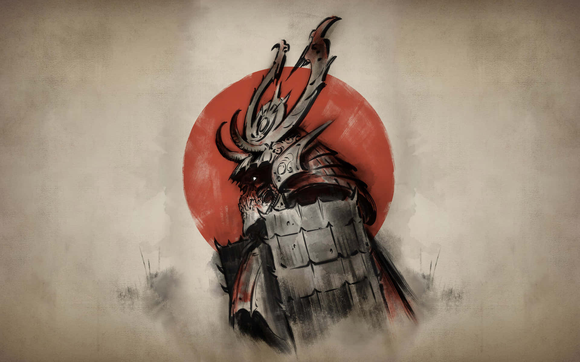 Samurai X 桌布 壁紙 — 一位身穿華麗盔甲的武士戰士，在鮮豔的紅日襯托下呈現剪影，下方是迷霧籠罩的戰場廢墟。