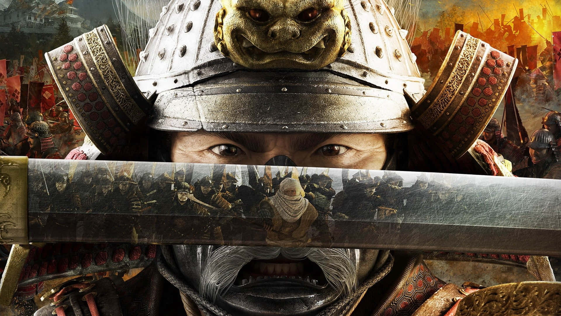 Epic Battle 桌布 壁紙 — 一位身穿華麗盔甲的武士戰士，手持武士刀，刀身反射出背後混亂的戰場，目光銳利。