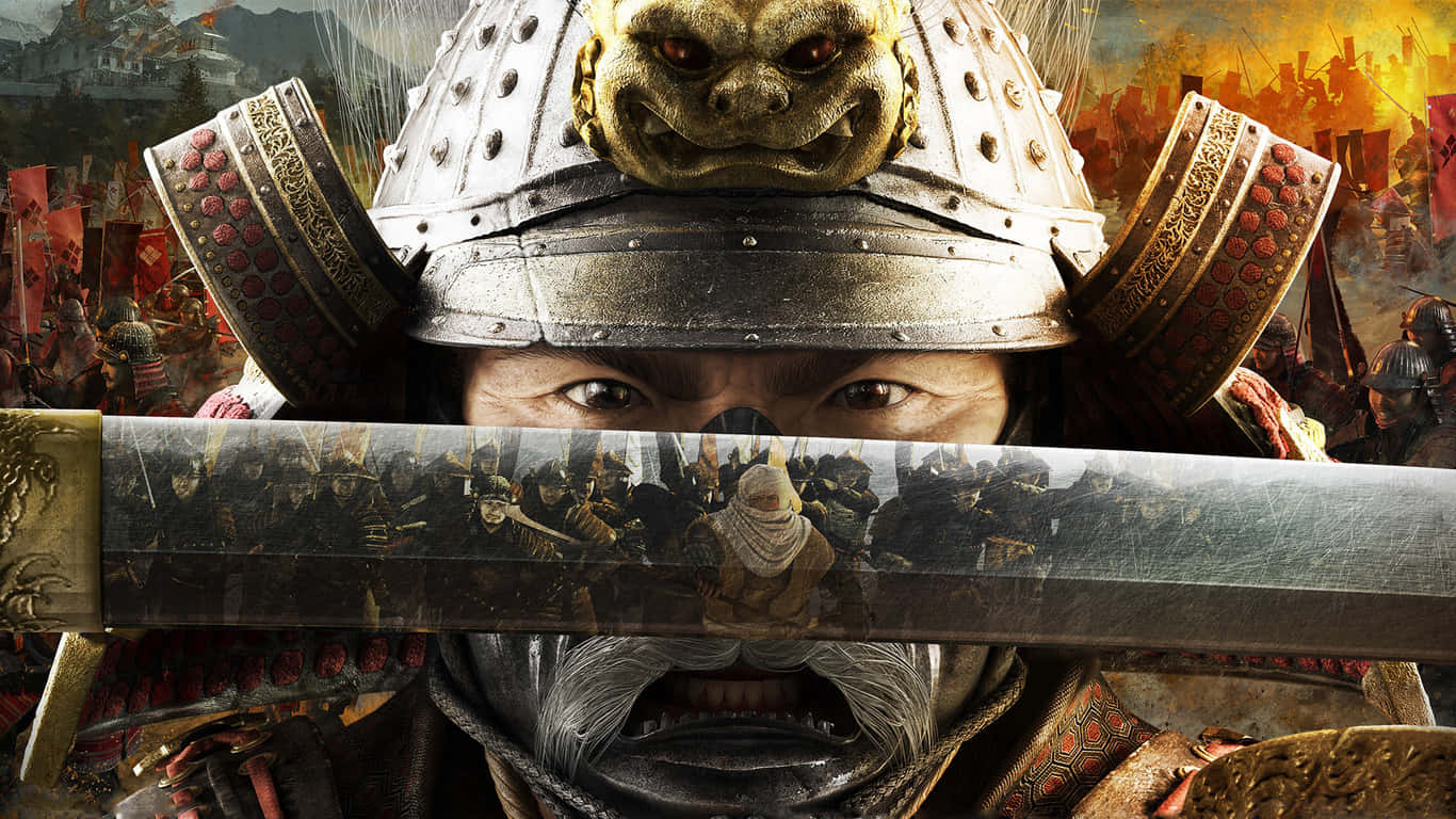 video games 桌布 壁紙 — 一位身穿華麗盔甲的武士戰士，眼神銳利，手中的武士刀刀身反射出背後混亂的戰場。